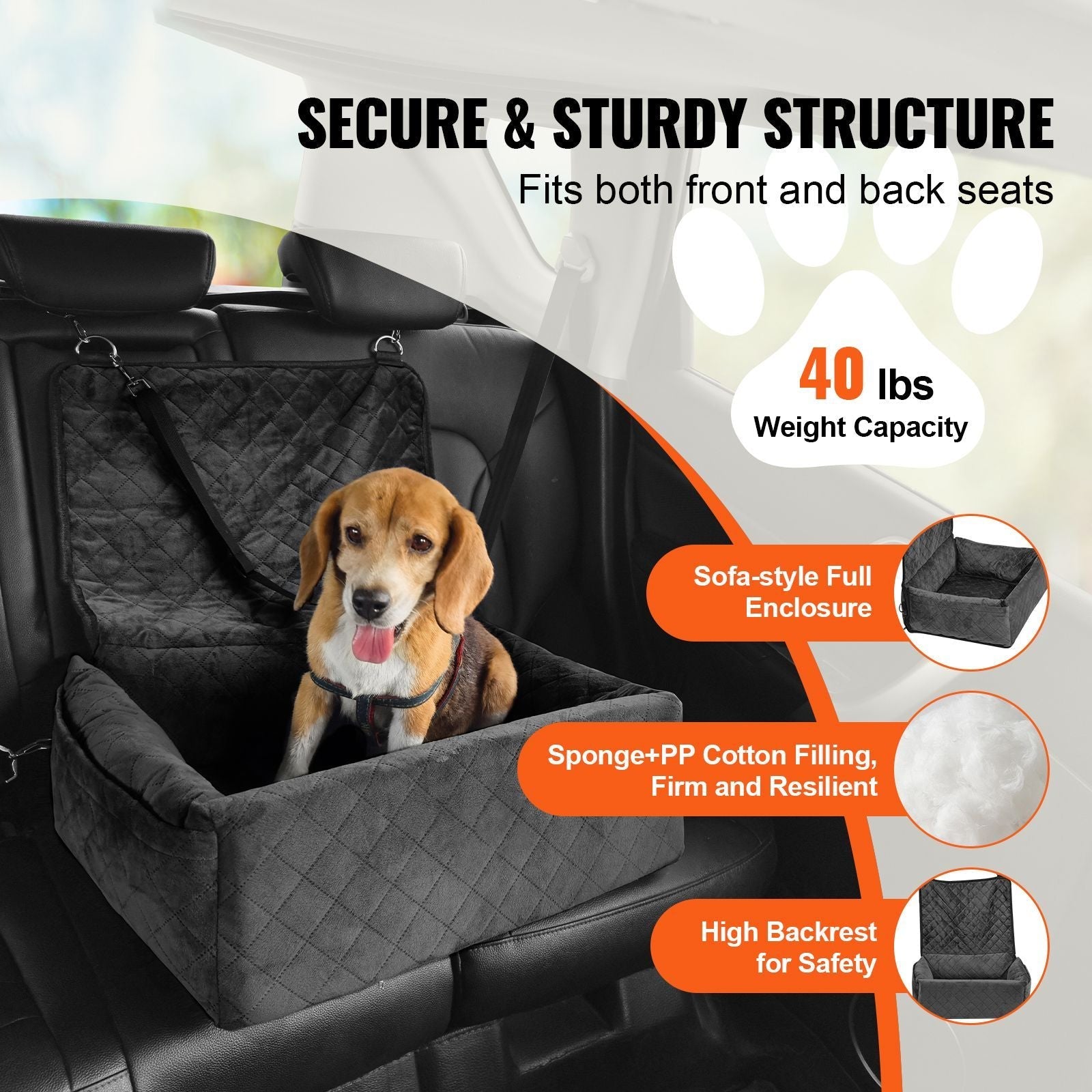 Dog Car Seat, Dog Booster Seat for Car with A Storage Pocket, Clip - On Safety Leash, Sponge and PP Cotton Filling, Dog Car Bed for Small & Medium Dog up to 40lbs, Black - DelightsDownSouth