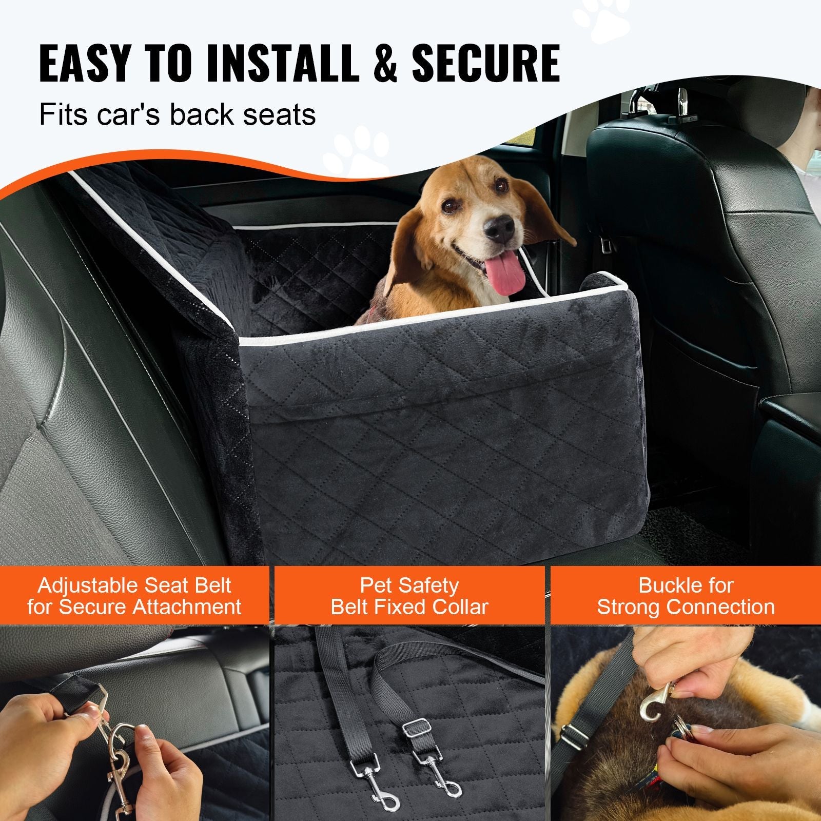 Dog Car Seat, Dog Booster Seat for Car with A Storage Pocket, Pet Car Seat with Clip - On Safety Leash, Sponge Filling, Dog Car Bed for Medium & Large Dog up to 55 lbs, Black - DelightsDownSouth