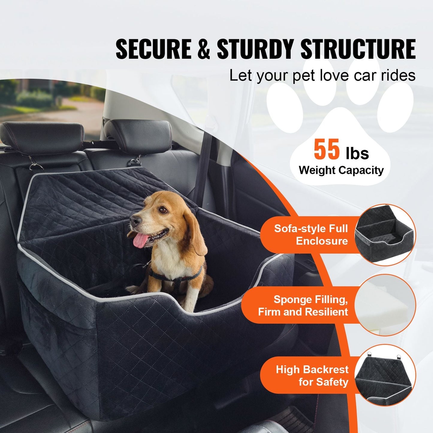 Dog Car Seat, Dog Booster Seat for Car with A Storage Pocket, Pet Car Seat with Clip - On Safety Leash, Sponge Filling, Dog Car Bed for Medium & Large Dog up to 55 lbs, Black - DelightsDownSouth