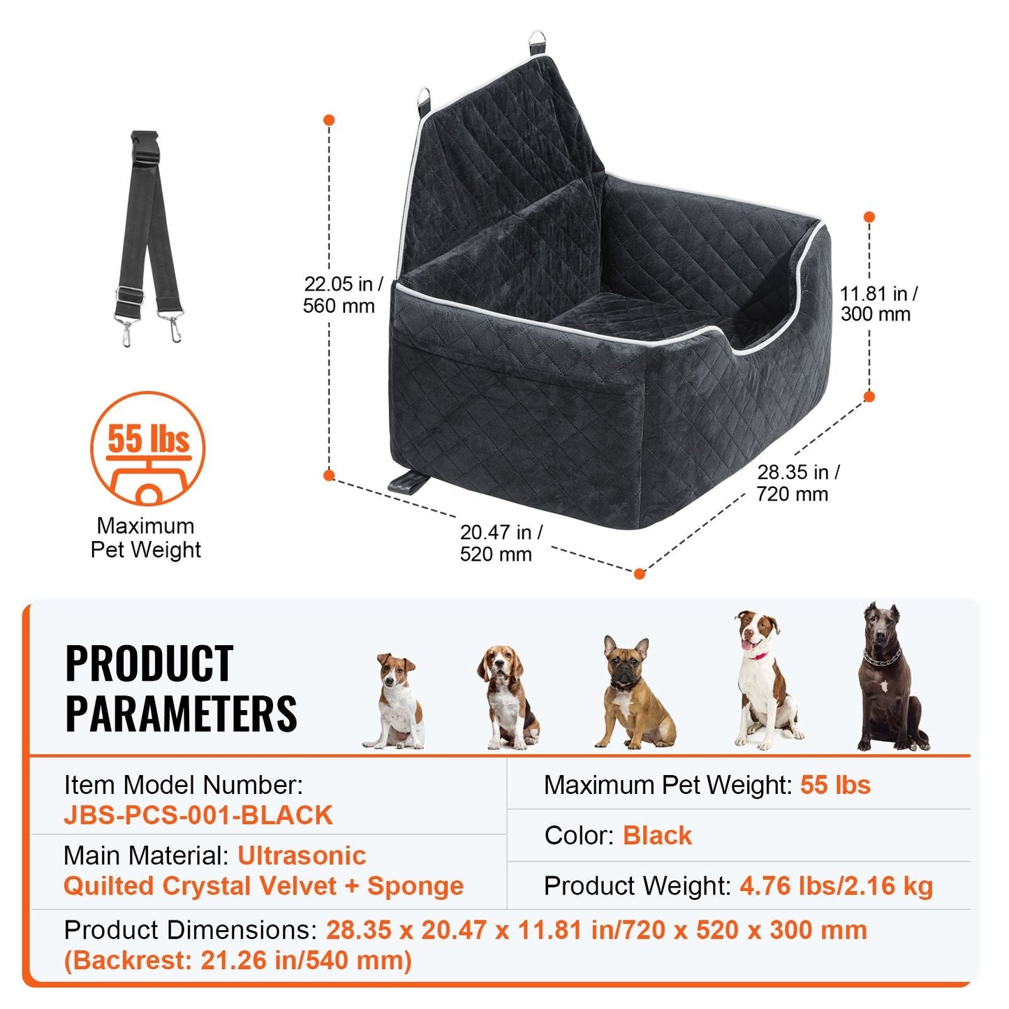 Dog Car Seat, Dog Booster Seat for Car with A Storage Pocket, Pet Car Seat with Clip - On Safety Leash, Sponge Filling, Dog Car Bed for Medium & Large Dog up to 55 lbs, Black - DelightsDownSouth