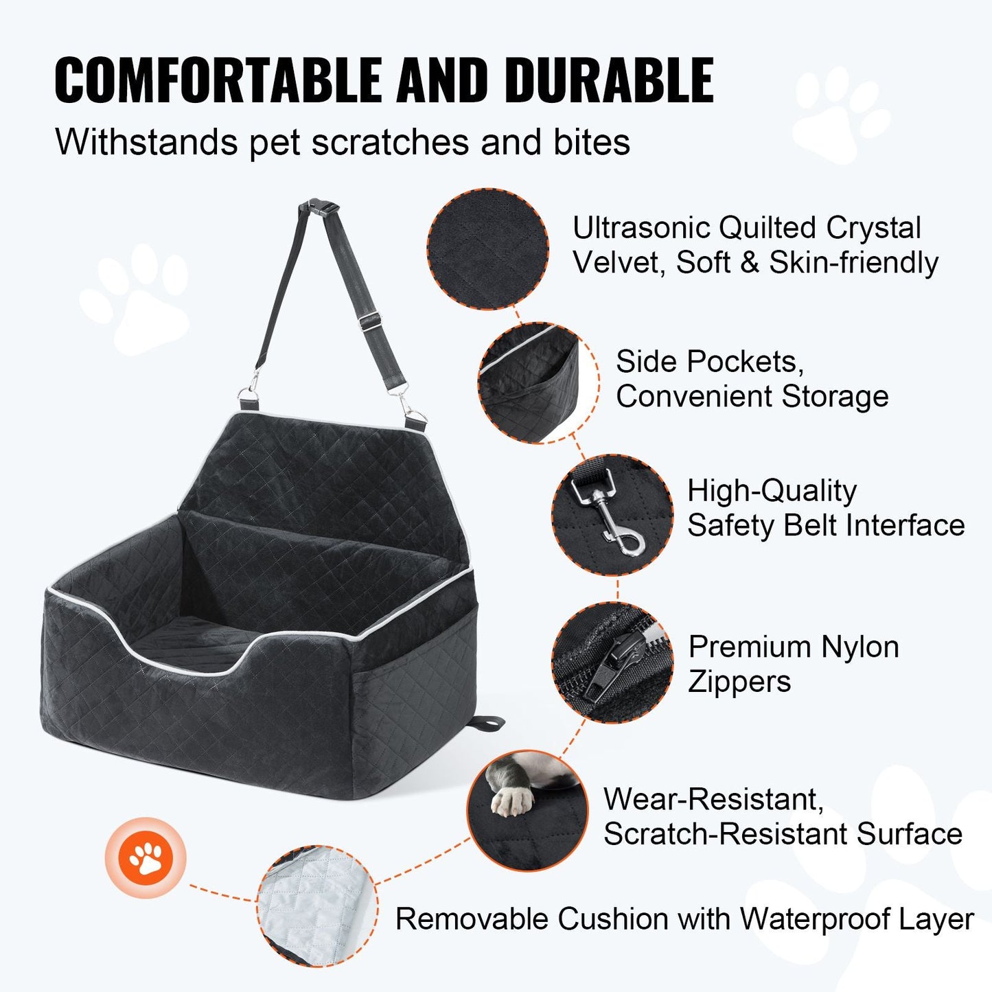 Dog Car Seat, Dog Booster Seat for Car with A Storage Pocket, Pet Car Seat with Clip - On Safety Leash, Sponge Filling, Dog Car Bed for Medium & Large Dog up to 55 lbs, Black - DelightsDownSouth