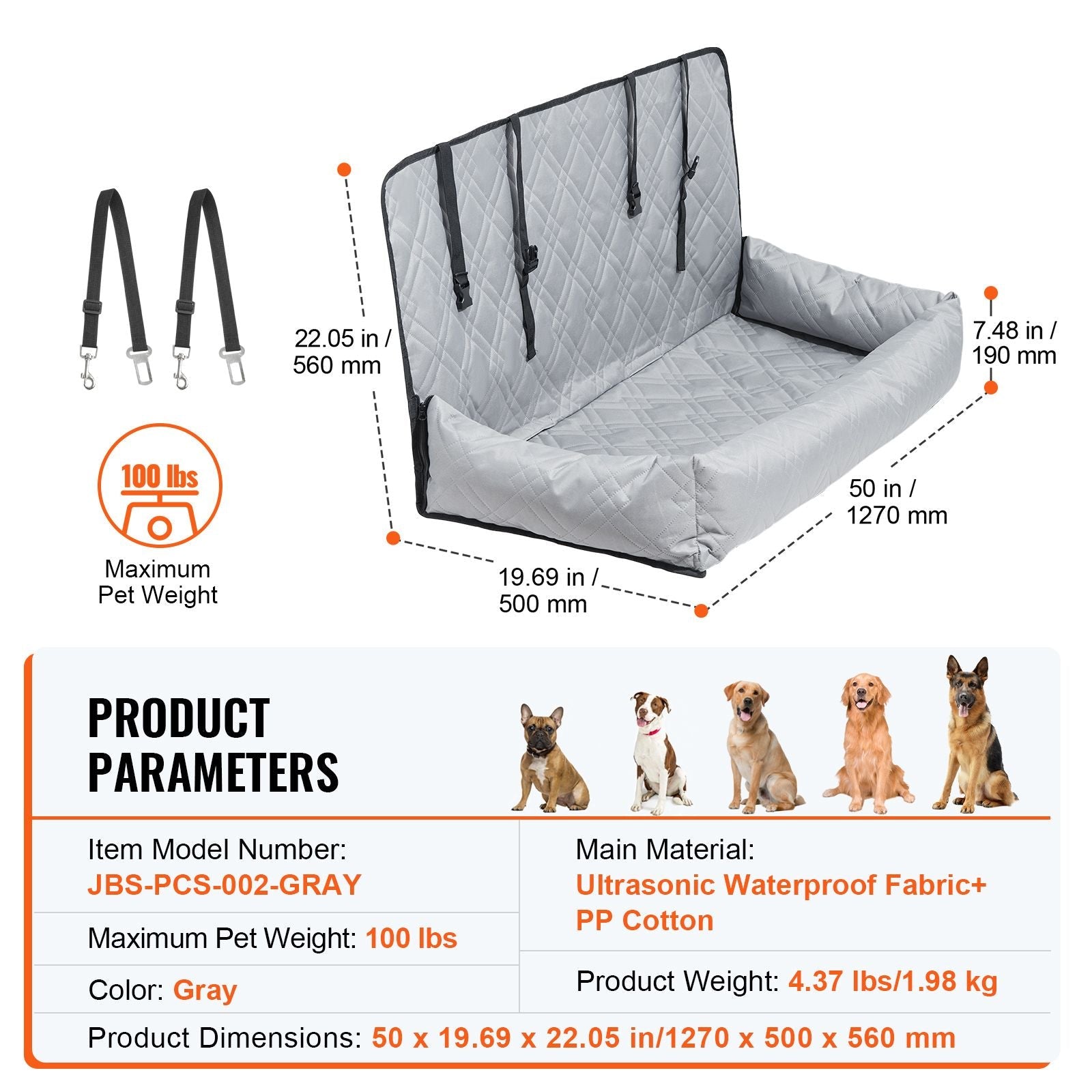 Dog Car Seat, Waterproof Dog Booster Seat for Car, Pet Car Seat with Clip - On Safety Leash, PP Cotton Filling, Dog Car Bed for Medium & Large Dog up to 100 lbs, Gray - DelightsDownSouth