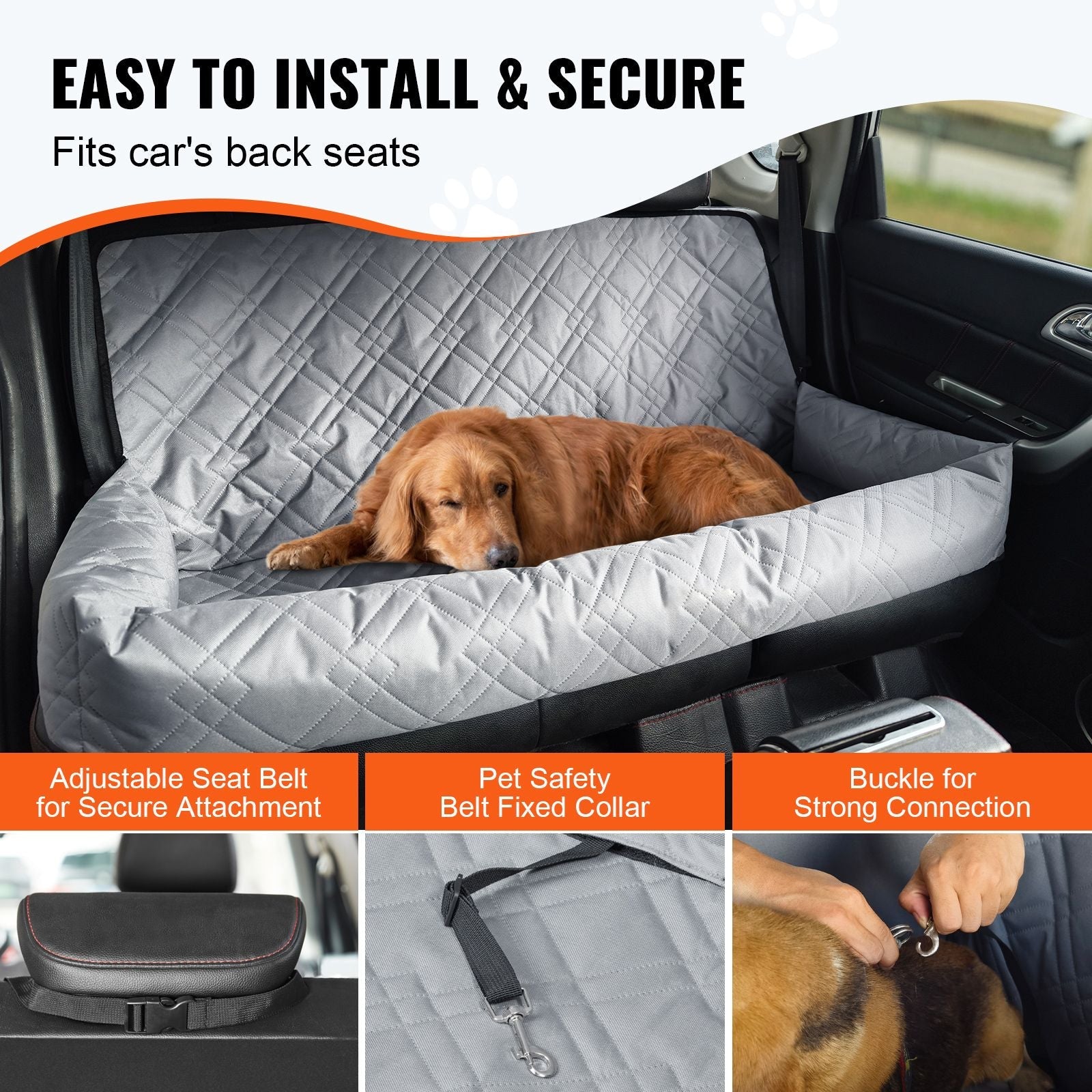 Dog Car Seat, Waterproof Dog Booster Seat for Car, Pet Car Seat with Clip - On Safety Leash, PP Cotton Filling, Dog Car Bed for Medium & Large Dog up to 100 lbs, Gray - DelightsDownSouth