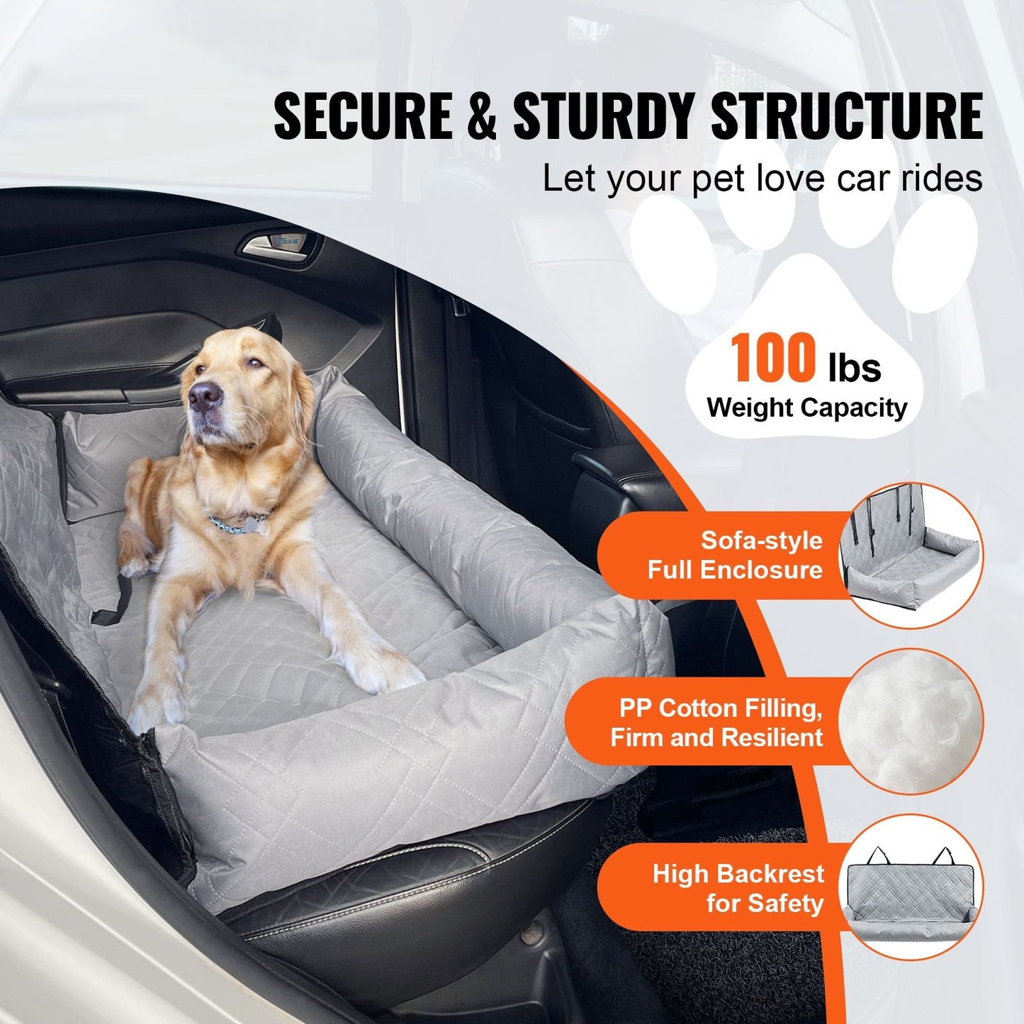 Dog Car Seat, Waterproof Dog Booster Seat for Car, Pet Car Seat with Clip - On Safety Leash, PP Cotton Filling, Dog Car Bed for Medium & Large Dog up to 100 lbs, Gray - DelightsDownSouth