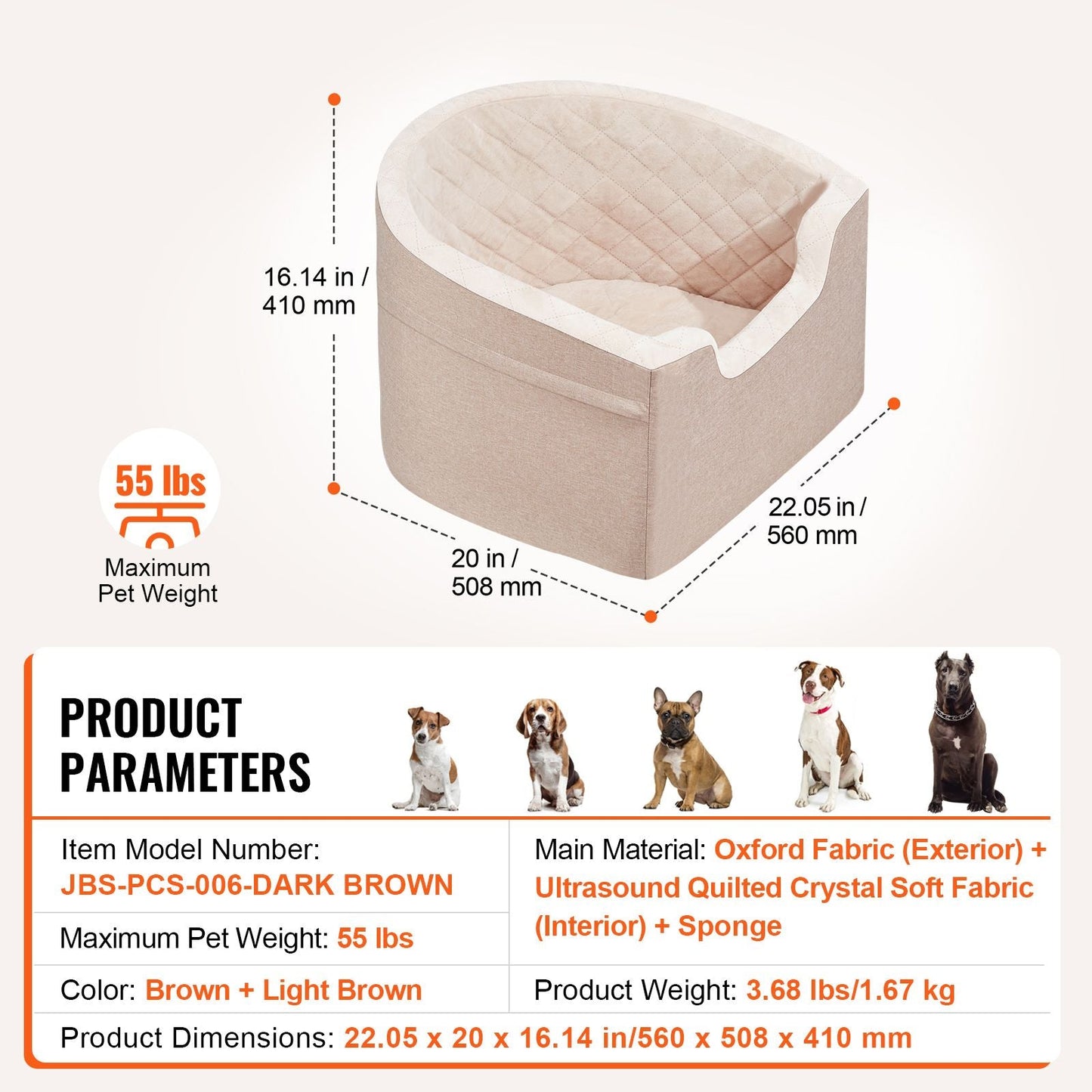 Dog Car Seat, Waterproof Dog Booster Seat for Car with A Storage Pocket, Clip - On Safety Leash and Sponge Filling, Dog Car Bed for Small & Medium Dog up to 55lbs, Brown - DelightsDownSouth
