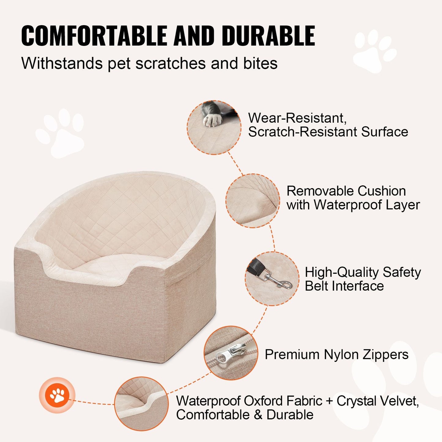 Dog Car Seat, Waterproof Dog Booster Seat for Car with A Storage Pocket, Clip - On Safety Leash and Sponge Filling, Dog Car Bed for Small & Medium Dog up to 55lbs, Brown - DelightsDownSouth