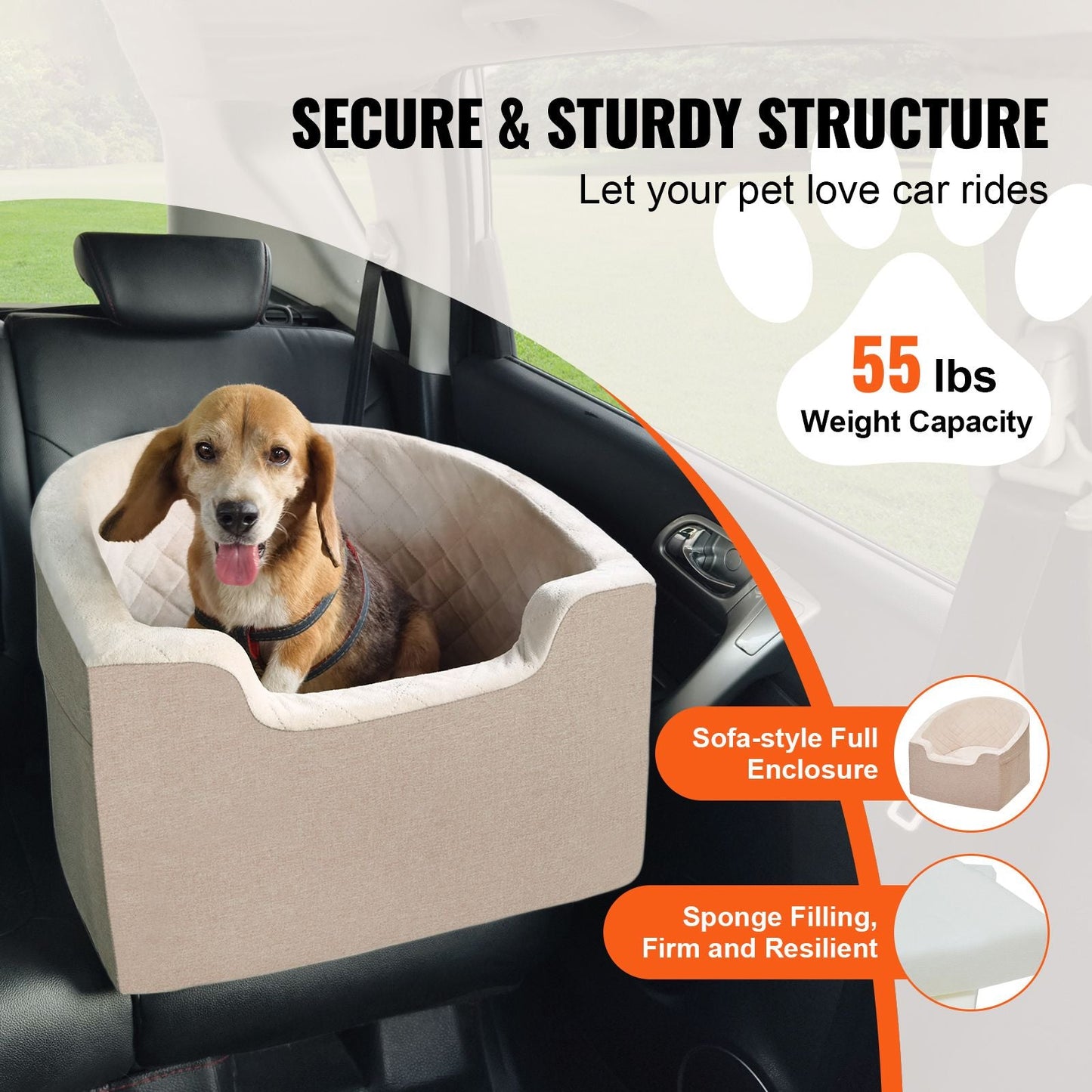 Dog Car Seat, Waterproof Dog Booster Seat for Car with A Storage Pocket, Clip - On Safety Leash and Sponge Filling, Dog Car Bed for Small & Medium Dog up to 55lbs, Brown - DelightsDownSouth