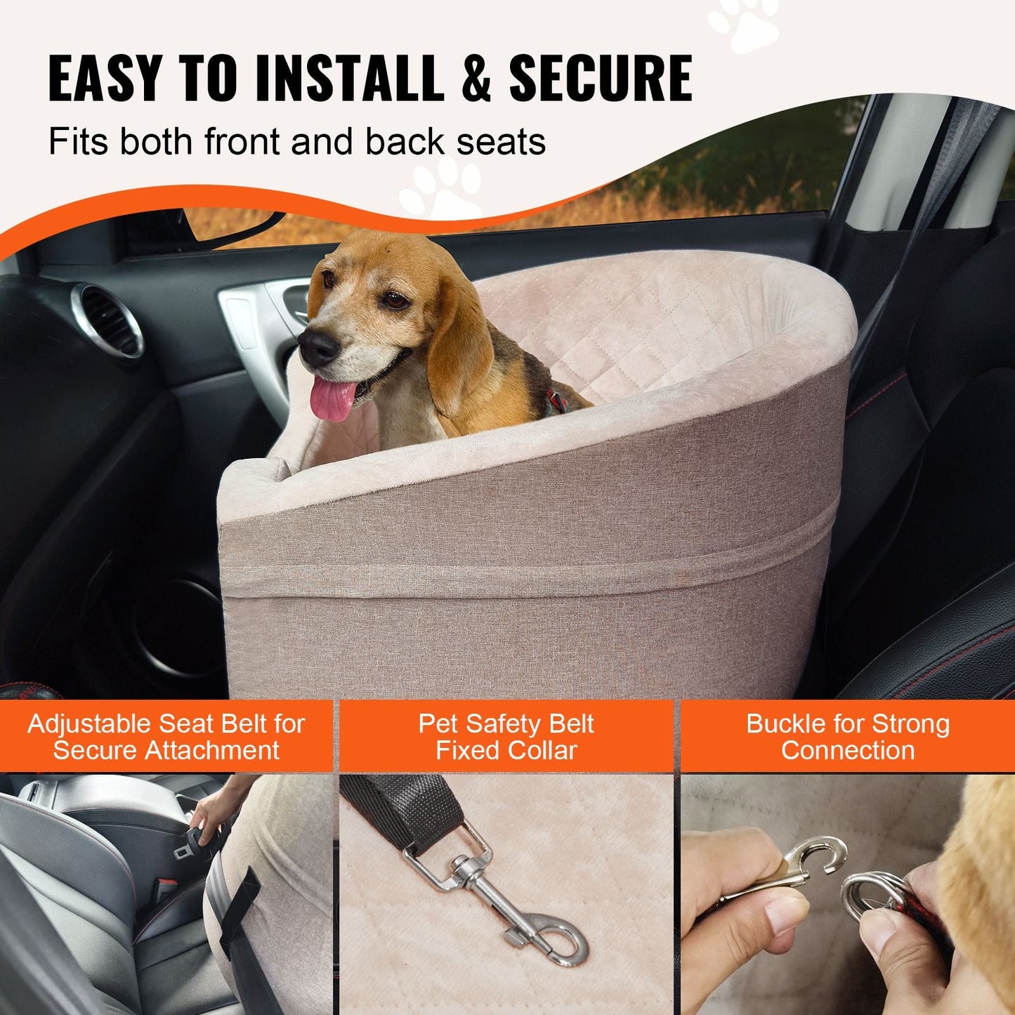 Dog Car Seat, Waterproof Dog Booster Seat for Car with A Storage Pocket, Clip - On Safety Leash and Sponge Filling, Dog Car Bed for Small & Medium Dog up to 55lbs, Brown - DelightsDownSouth