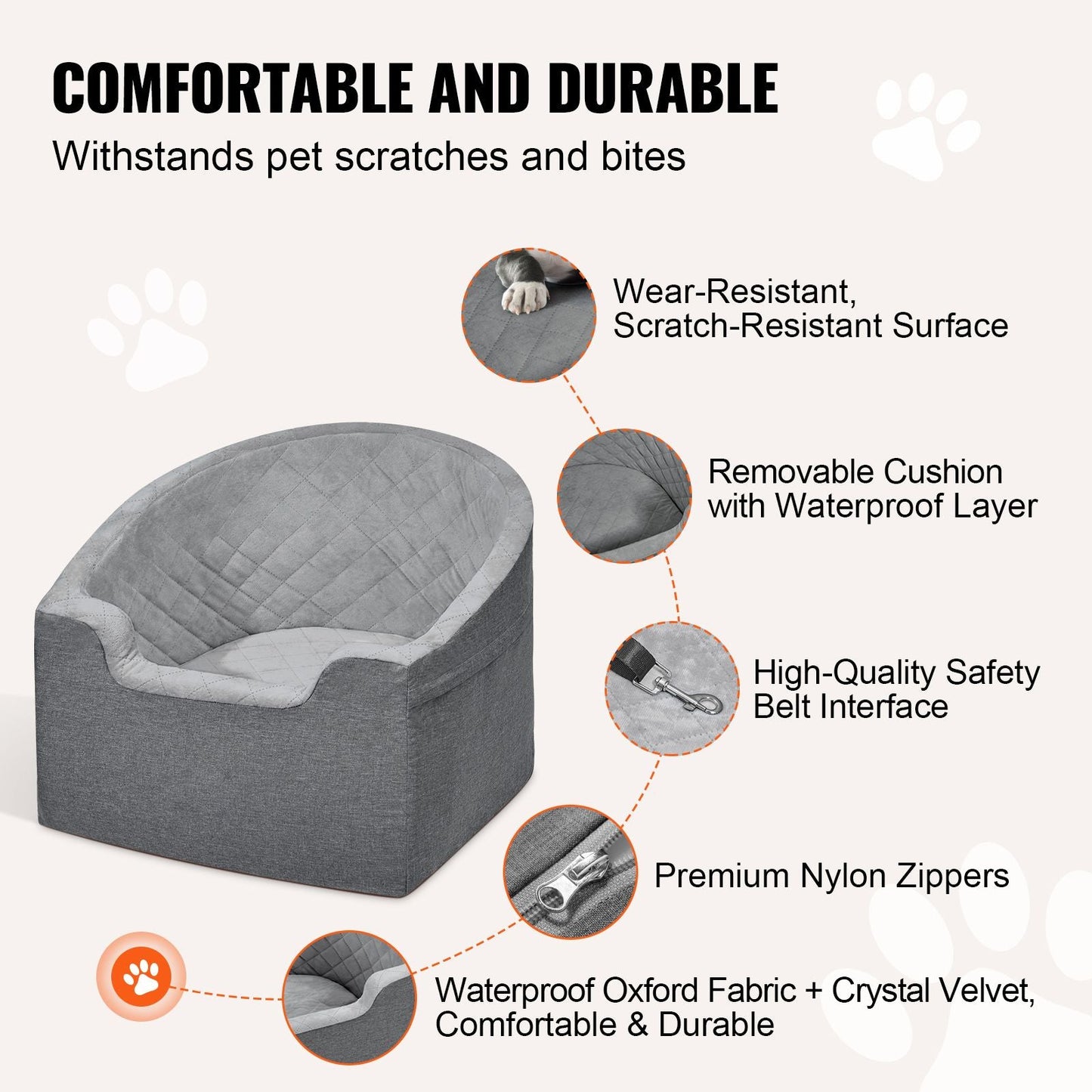 Dog Car Seat, Waterproof Dog Booster Seat for Car with A Storage Pocket, Clip - On Safety Leash and Sponge Filling, Dog Car Bed for Small & Medium Dog up to 55lbs, Gray - DelightsDownSouth