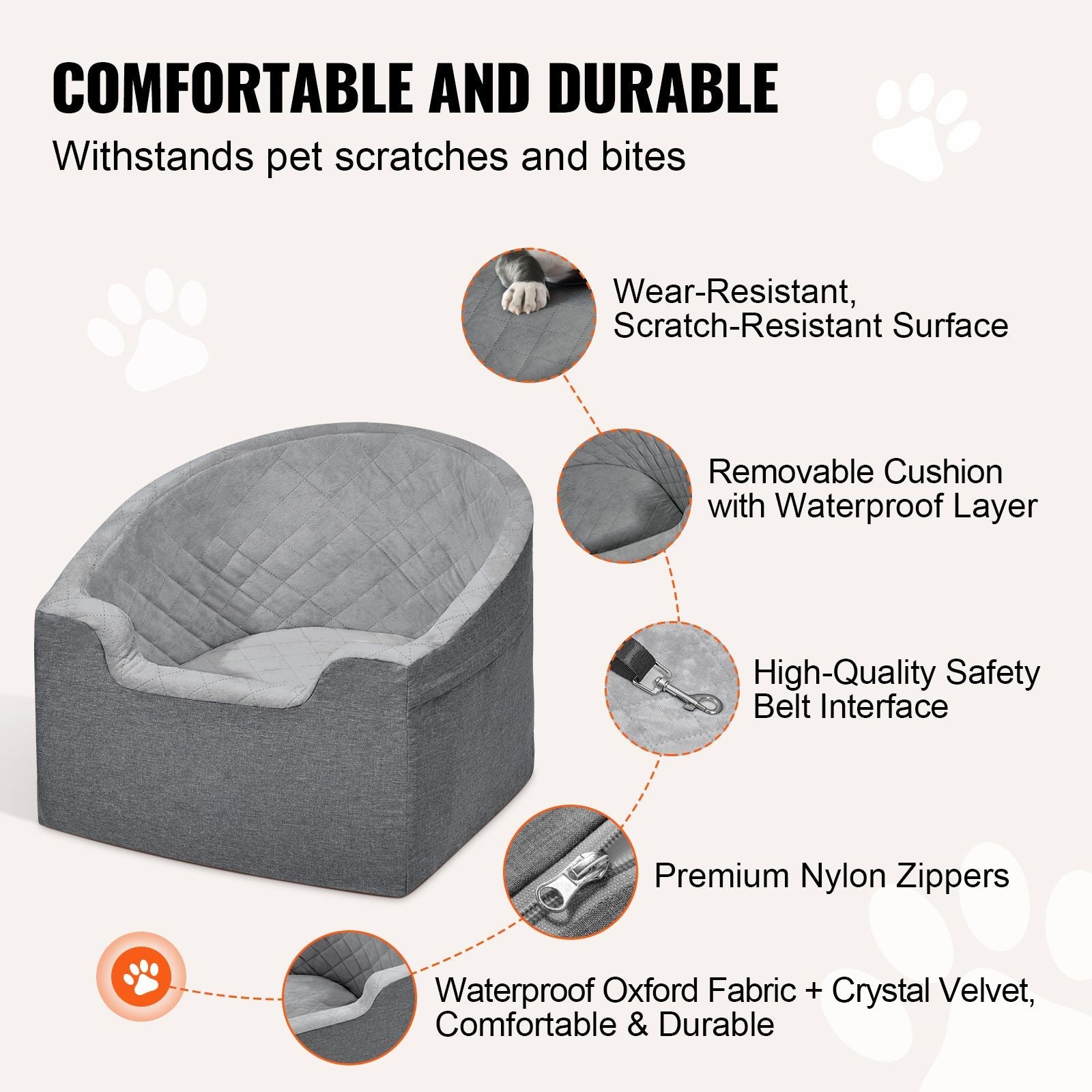 Dog Car Seat, Waterproof Dog Booster Seat for Car with A Storage Pocket, Clip - On Safety Leash and Sponge Filling, Dog Car Bed for Small & Medium Dog up to 55lbs, Gray - DelightsDownSouth