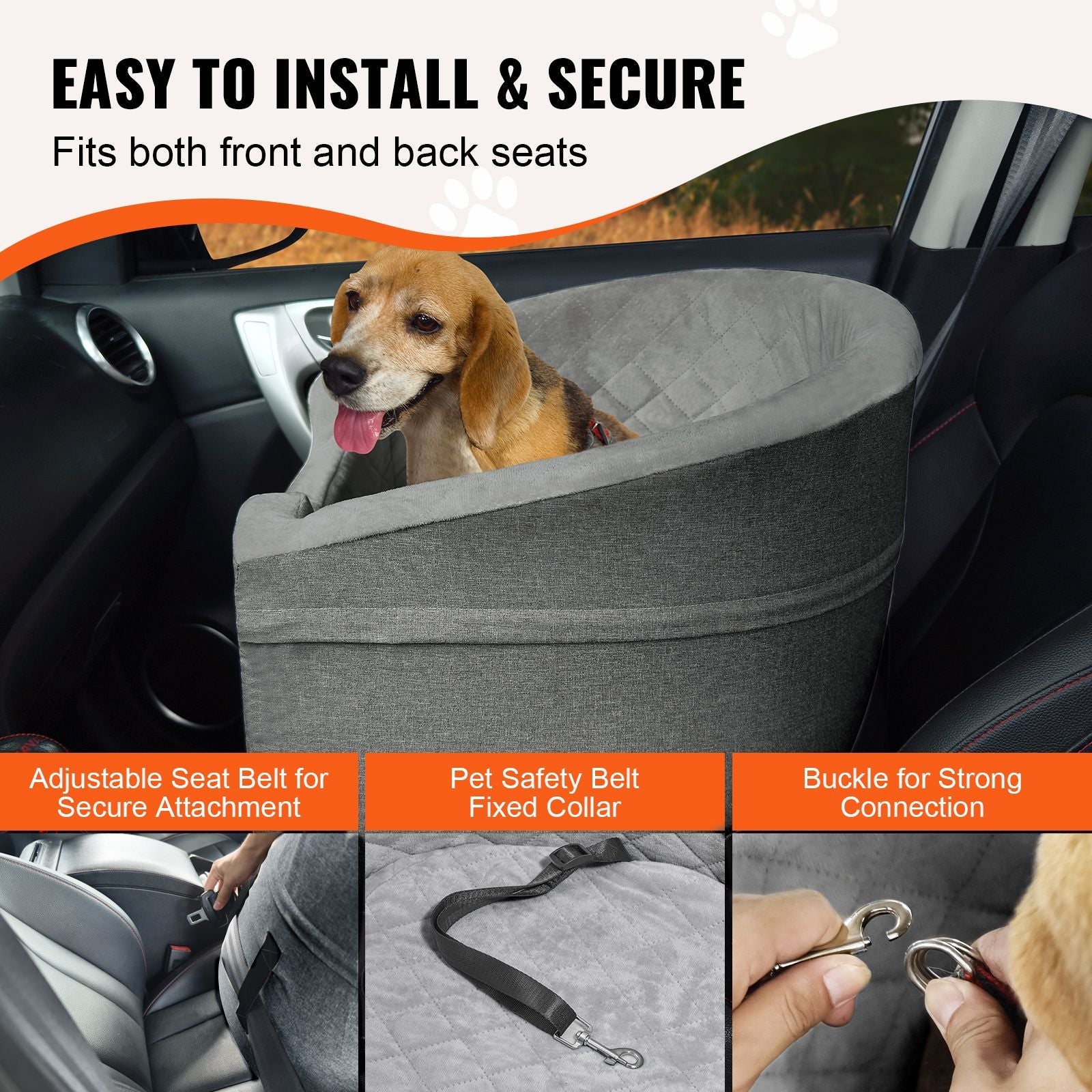Dog Car Seat, Waterproof Dog Booster Seat for Car with A Storage Pocket, Clip - On Safety Leash and Sponge Filling, Dog Car Bed for Small & Medium Dog up to 55lbs, Gray - DelightsDownSouth