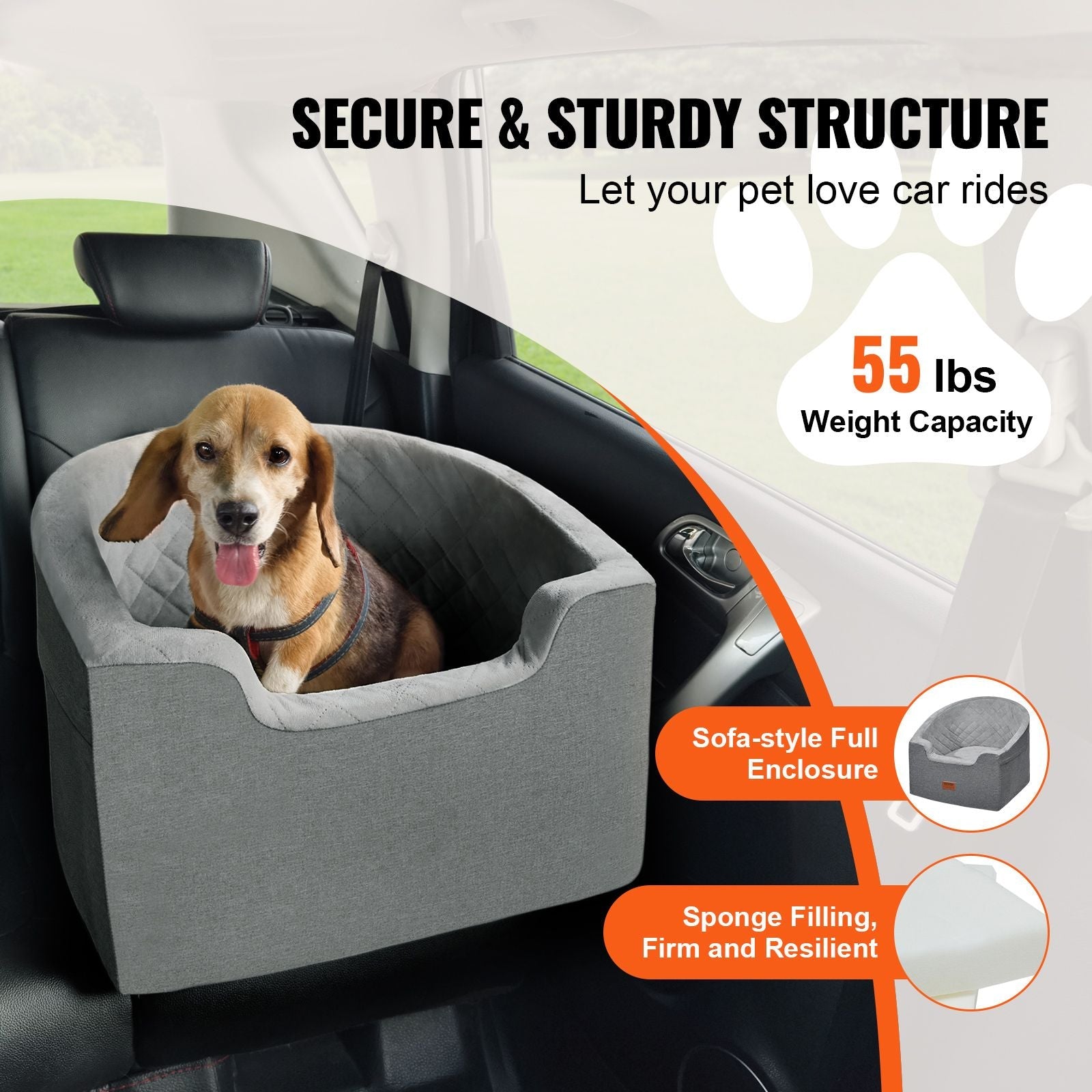 Dog Car Seat, Waterproof Dog Booster Seat for Car with A Storage Pocket, Clip - On Safety Leash and Sponge Filling, Dog Car Bed for Small & Medium Dog up to 55lbs, Gray - DelightsDownSouth