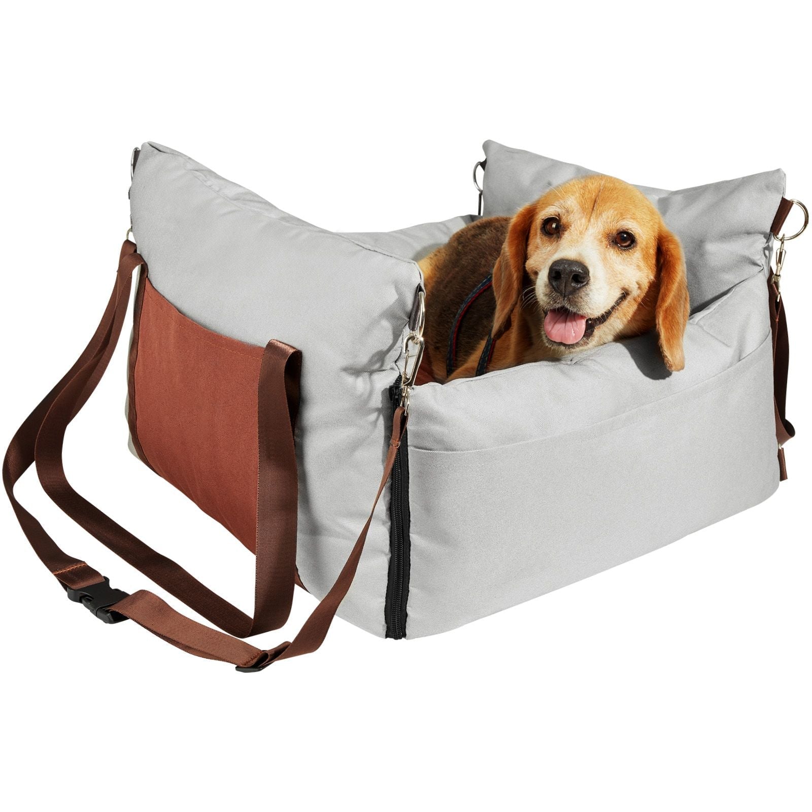 Dog Car Seat, Waterproof Dog Booster Seat for Car with Side Handles and A Storage Pocket, Clip - On Safety Leash and PP Cotton Filling, Dog Car Bed for Small Dog up to 25lbs, Gray - DelightsDownSouth