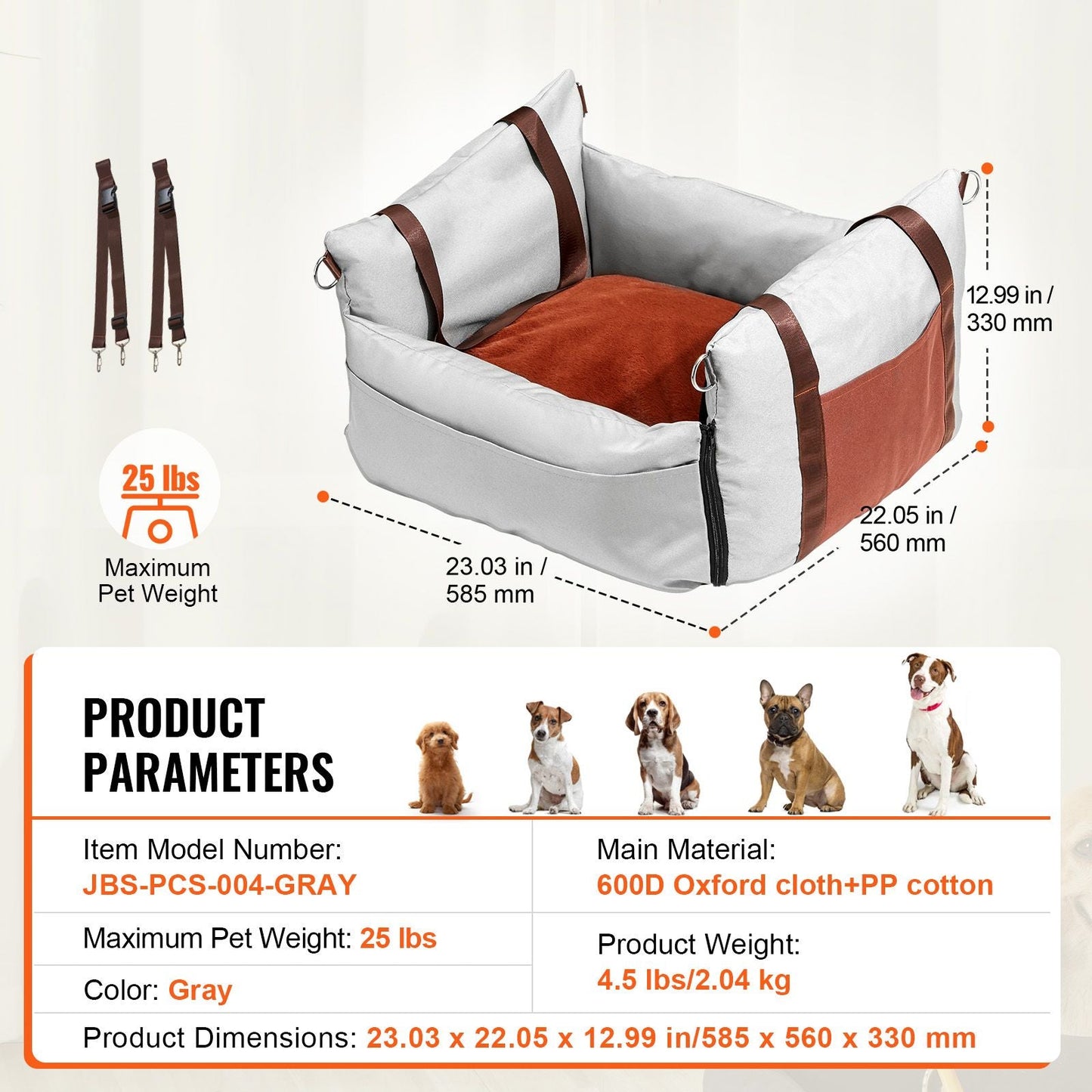 Dog Car Seat, Waterproof Dog Booster Seat for Car with Side Handles and A Storage Pocket, Clip - On Safety Leash and PP Cotton Filling, Dog Car Bed for Small Dog up to 25lbs, Gray - DelightsDownSouth