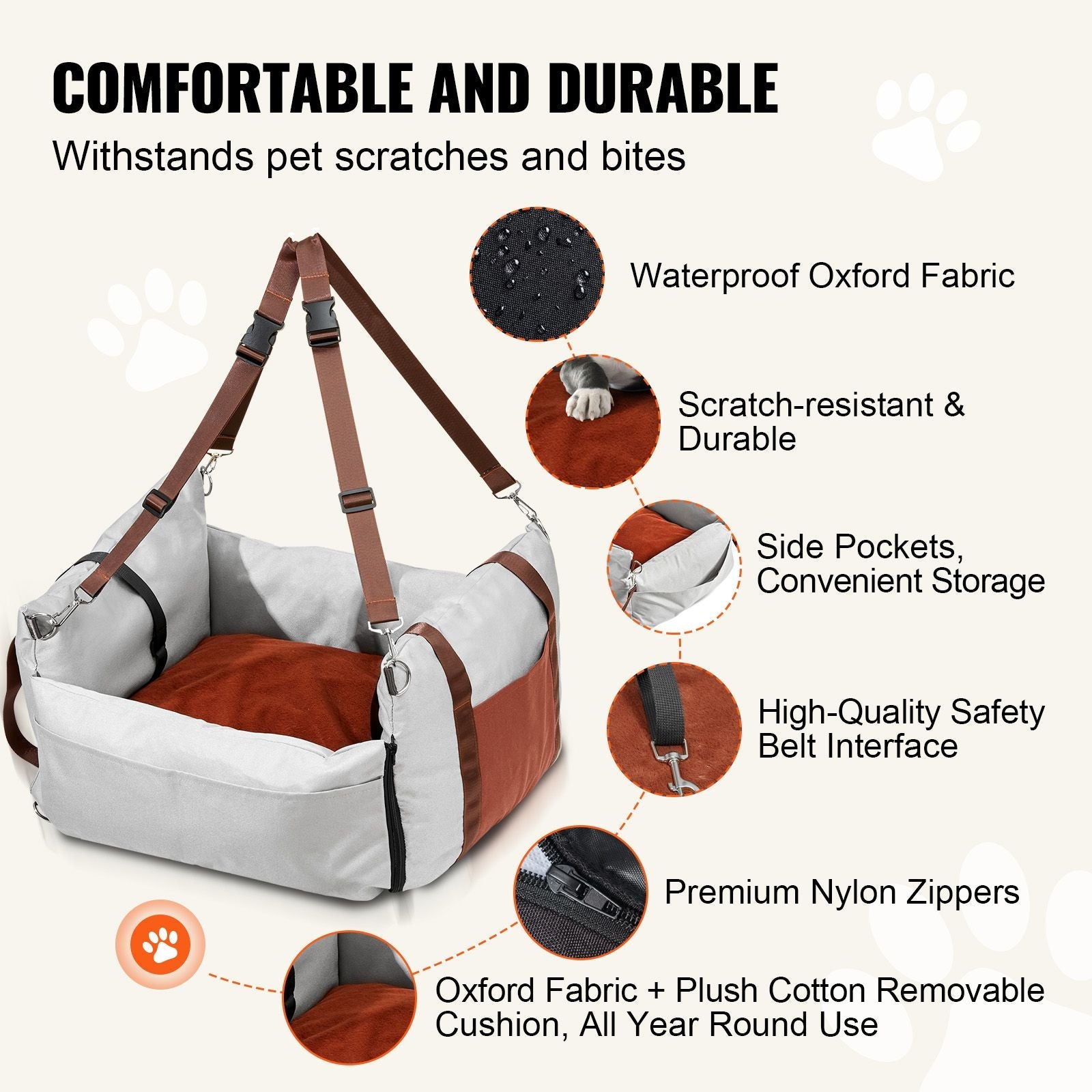 Dog Car Seat, Waterproof Dog Booster Seat for Car with Side Handles and A Storage Pocket, Clip - On Safety Leash and PP Cotton Filling, Dog Car Bed for Small Dog up to 25lbs, Gray - DelightsDownSouth