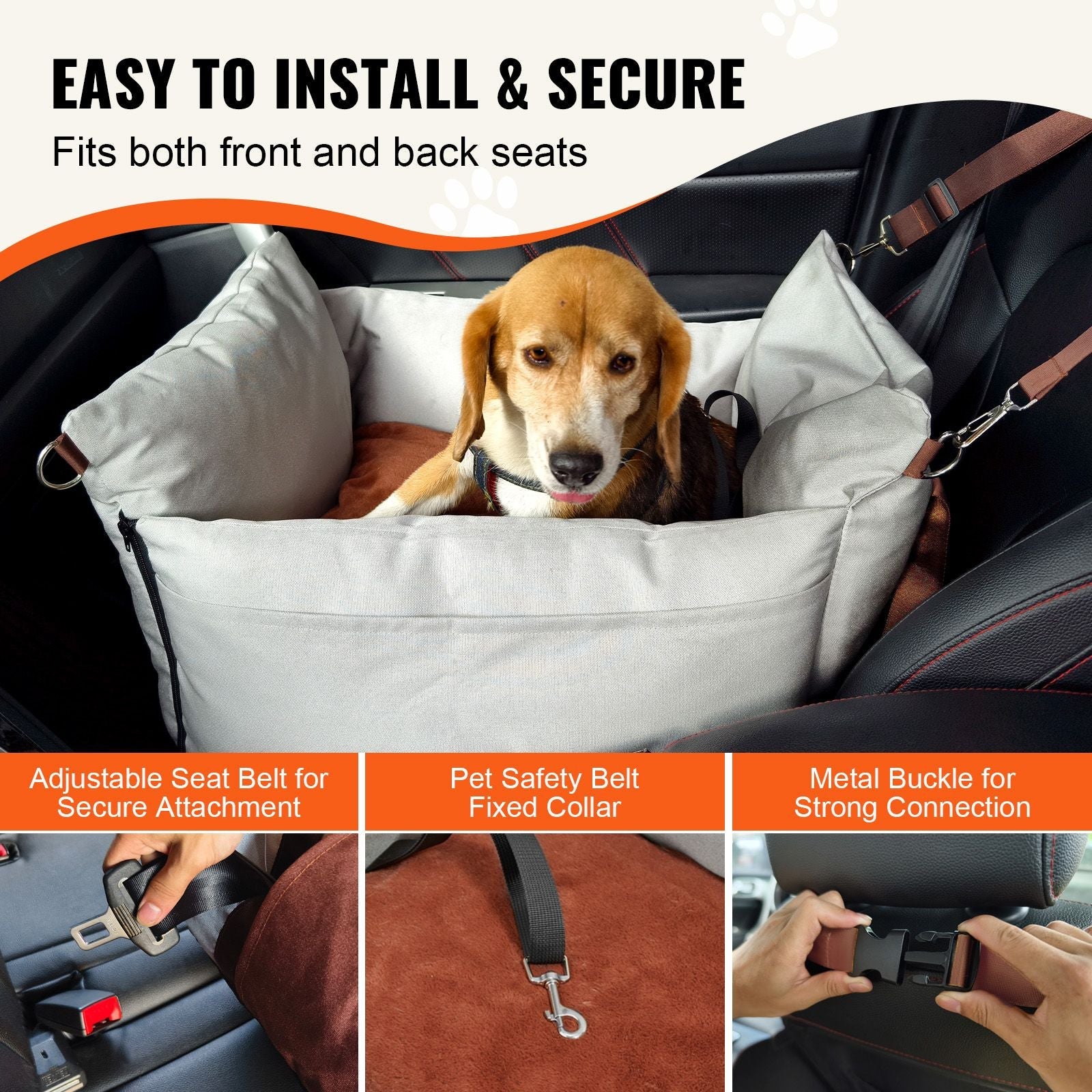 Dog Car Seat, Waterproof Dog Booster Seat for Car with Side Handles and A Storage Pocket, Clip - On Safety Leash and PP Cotton Filling, Dog Car Bed for Small Dog up to 25lbs, Gray - DelightsDownSouth