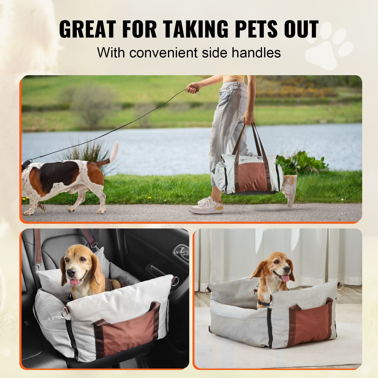 Dog Car Seat, Waterproof Dog Booster Seat for Car with Side Handles and A Storage Pocket, Clip - On Safety Leash and PP Cotton Filling, Dog Car Bed for Small Dog up to 25lbs, Gray - DelightsDownSouth