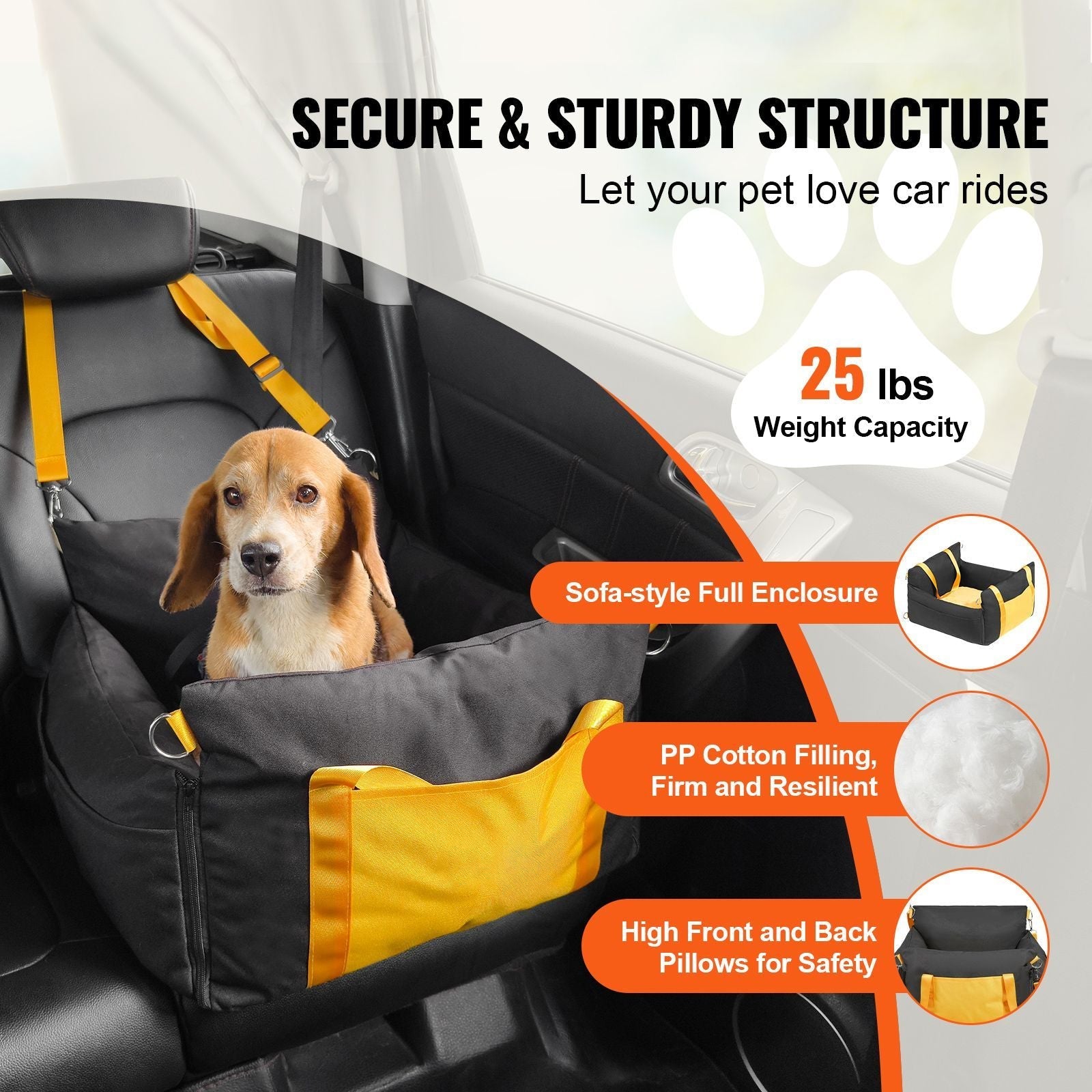 Dog Car Seat, Waterproof Dog Booster Seat for Car with Side Handles and A Storage Pocket, Clip - On Safety Leash and PP Cotton Filling, Dog Car Bed for Small Dog up to 25lbs, Black - DelightsDownSouth