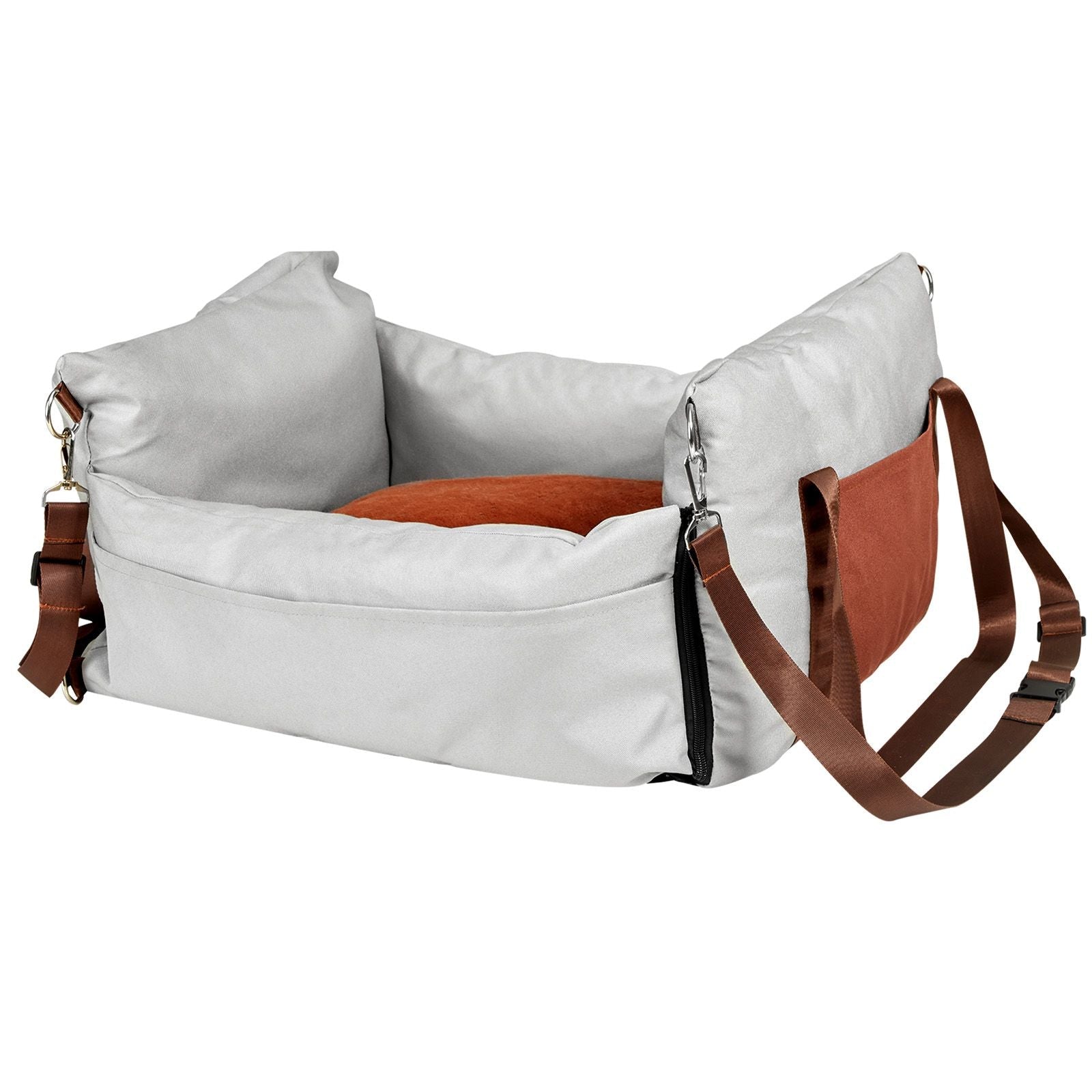 Dog Car Seat, Waterproof Dog Booster Seat for Car with Side Handles and A Storage Pocket, Clip - On Safety Leash and PP Cotton Filling, Dog Car Bed for Small Dog up to 25lbs, Gray - DelightsDownSouth