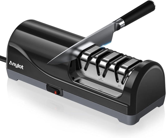Electric Knife Sharpener for Kitchen, 3 - Stage Knife Sharpener Electric with 100% Diamond Abrasives, 20° Precision Angle Guide, Fast & Safe Sharpening for Chef Knives, Home Use & Beginners (Black) - DelightsDownSouth