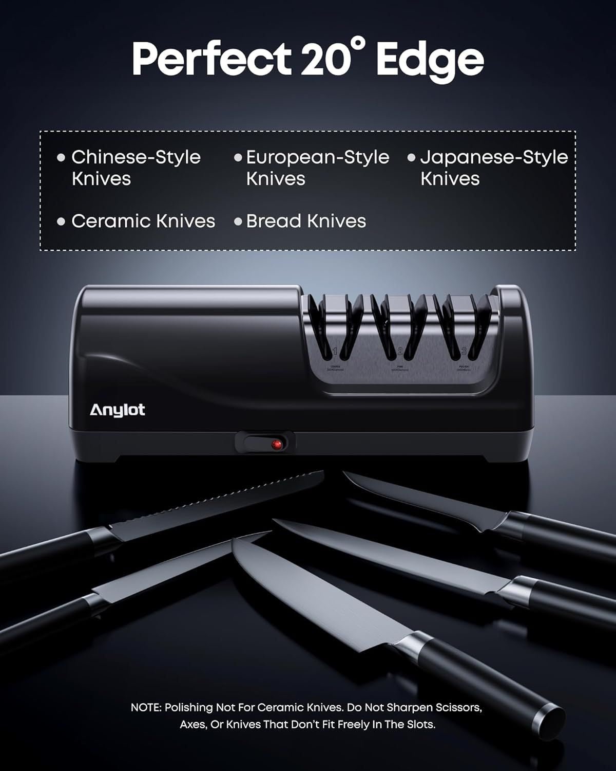 Electric Knife Sharpener for Kitchen, 3 - Stage Knife Sharpener Electric with 100% Diamond Abrasives, 20° Precision Angle Guide, Fast & Safe Sharpening for Chef Knives, Home Use & Beginners (Black) - DelightsDownSouth
