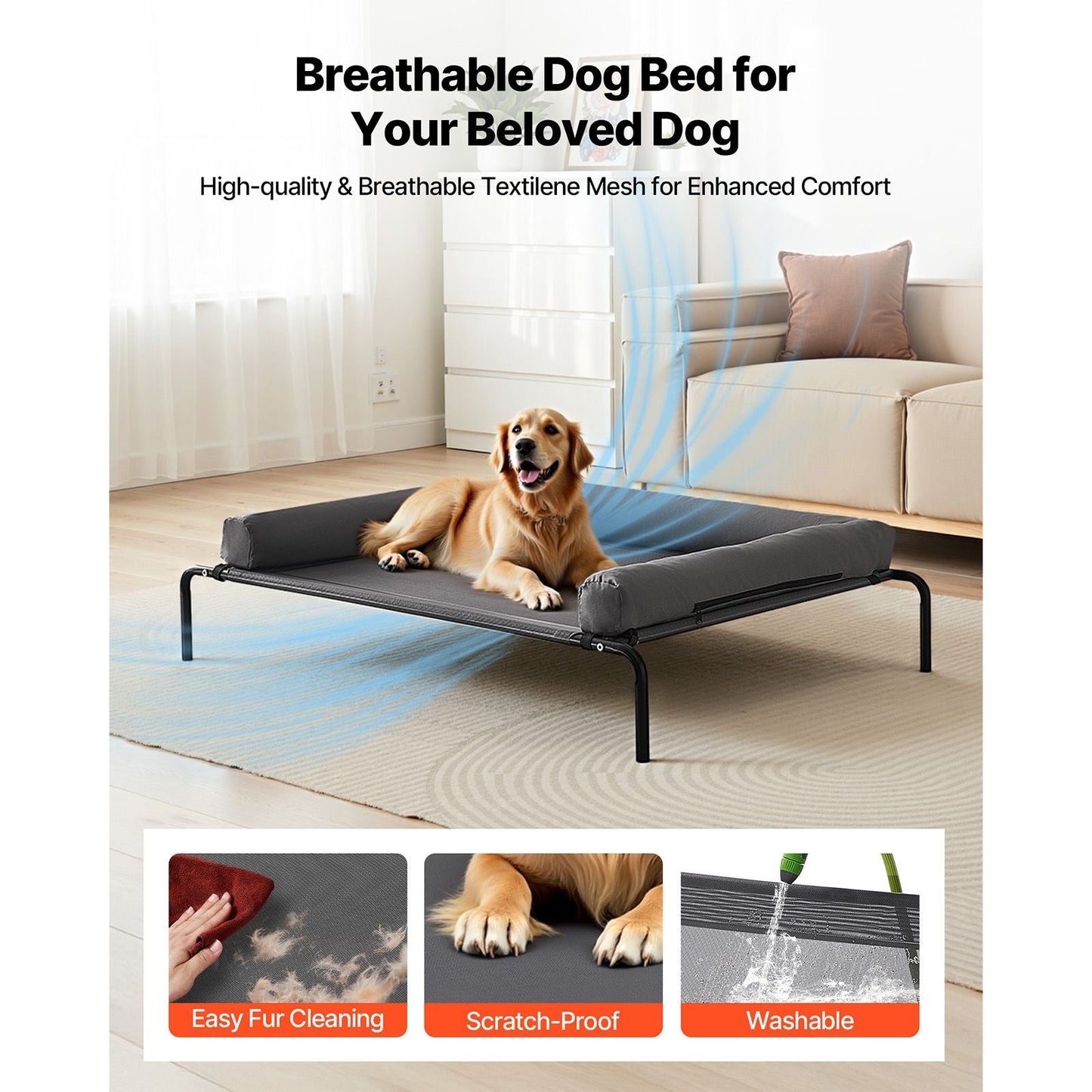 Elevated Dog Bed for Large Dogs, Portable Raised Dog Cot with Washable Pillow, Indoor & Outdoor Pet Cooling Raised Hammock Bed with Steel Metal Frame and Breathable Teslin Mesh, XL, Gray - DelightsDownSouth