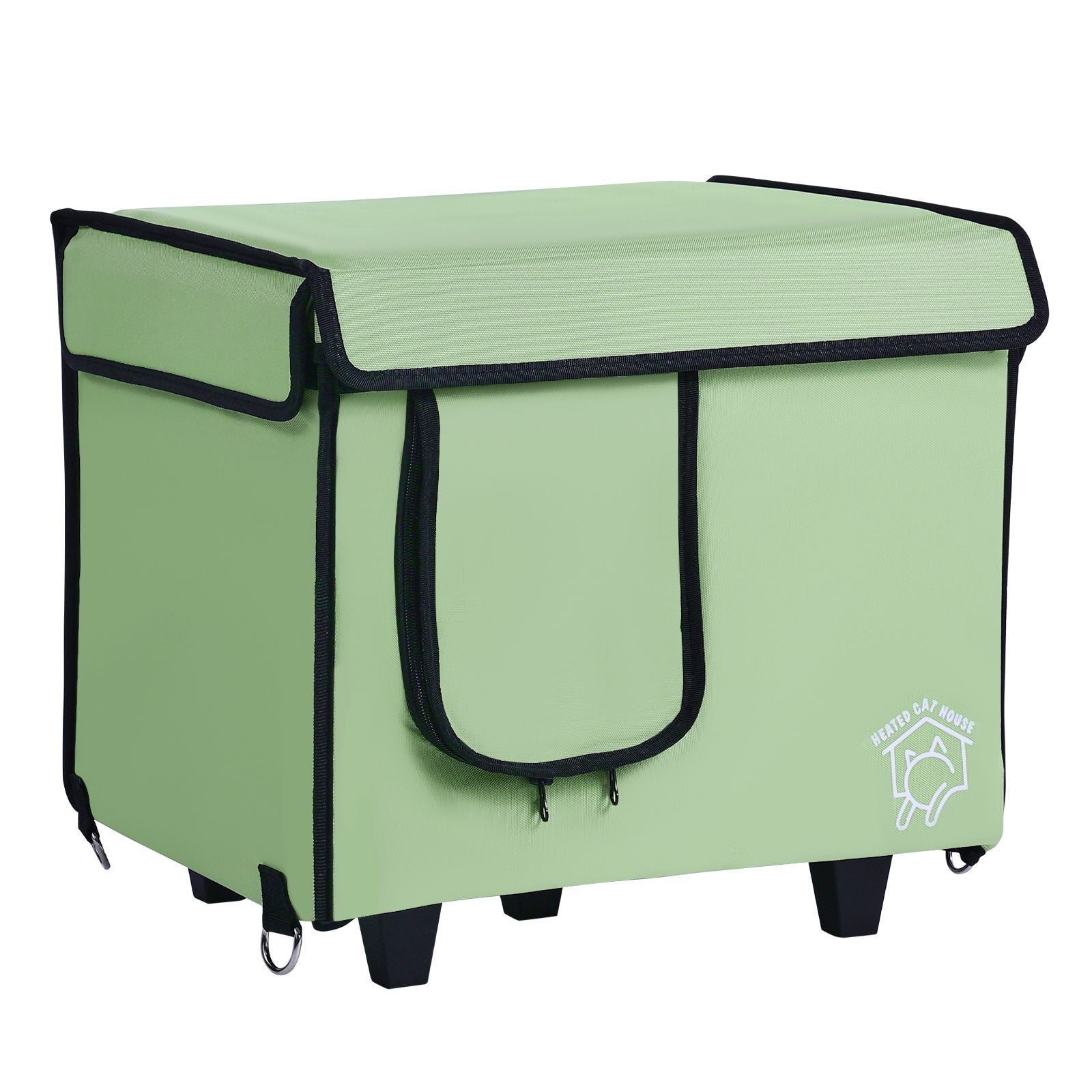 Elevated Heated Cat House, Cuboid Kitty Shelter with Adjustable Temperature and Timer, 900D Oxford Cloth Foldable Cat Shelter with Heated Pad for Winter to Stay Warm and Cozy, Green (Small) - DelightsDownSouth