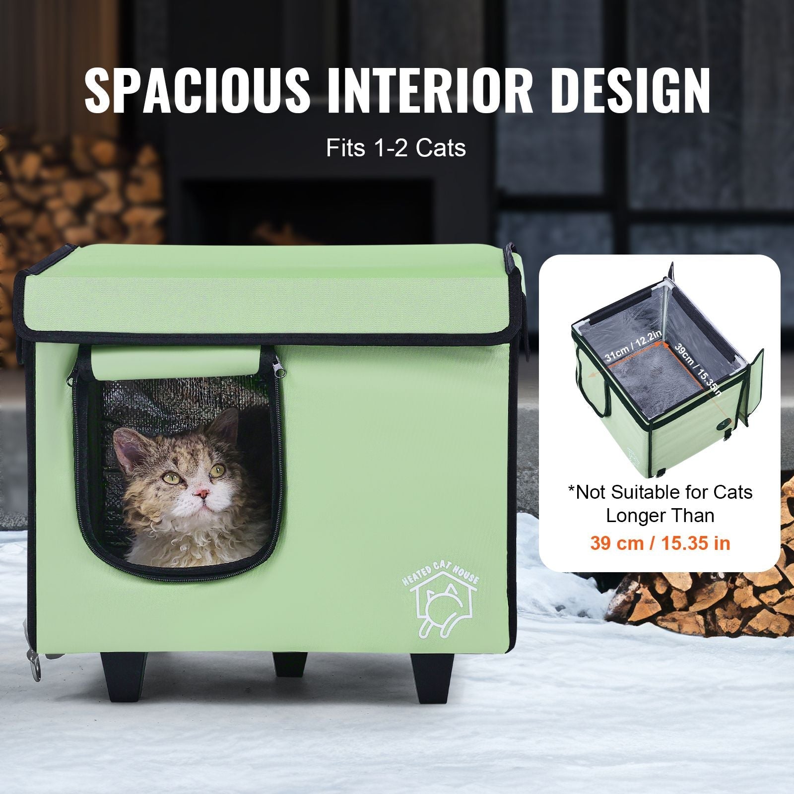 Elevated Heated Cat House, Cuboid Kitty Shelter with Adjustable Temperature and Timer, 900D Oxford Cloth Foldable Cat Shelter with Heated Pad for Winter to Stay Warm and Cozy, Green (Small) - DelightsDownSouth