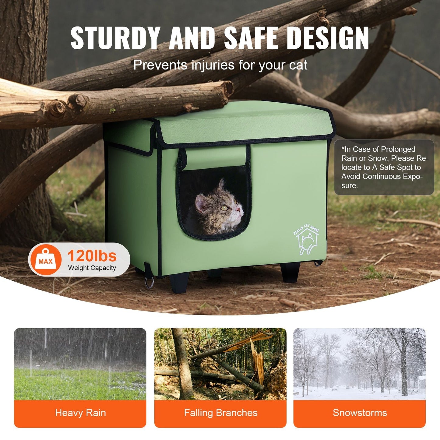 Elevated Heated Cat House, Cuboid Kitty Shelter with Adjustable Temperature and Timer, 900D Oxford Cloth Foldable Cat Shelter with Heated Pad for Winter to Stay Warm and Cozy, Green (Small) - DelightsDownSouth