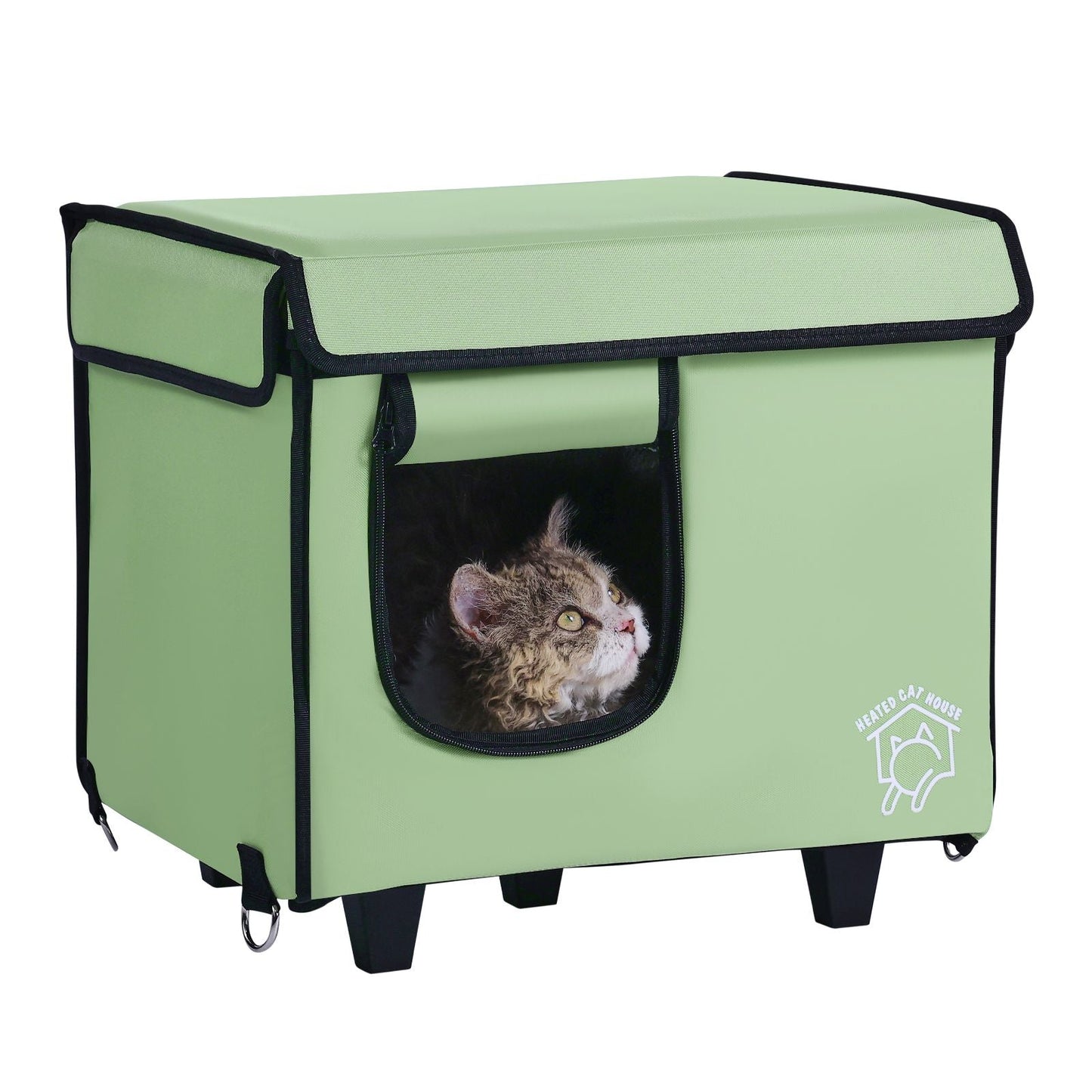 Elevated Heated Cat House, Cuboid Kitty Shelter with Adjustable Temperature and Timer, 900D Oxford Cloth Foldable Cat Shelter with Heated Pad for Winter to Stay Warm and Cozy, Green (Small) - DelightsDownSouth