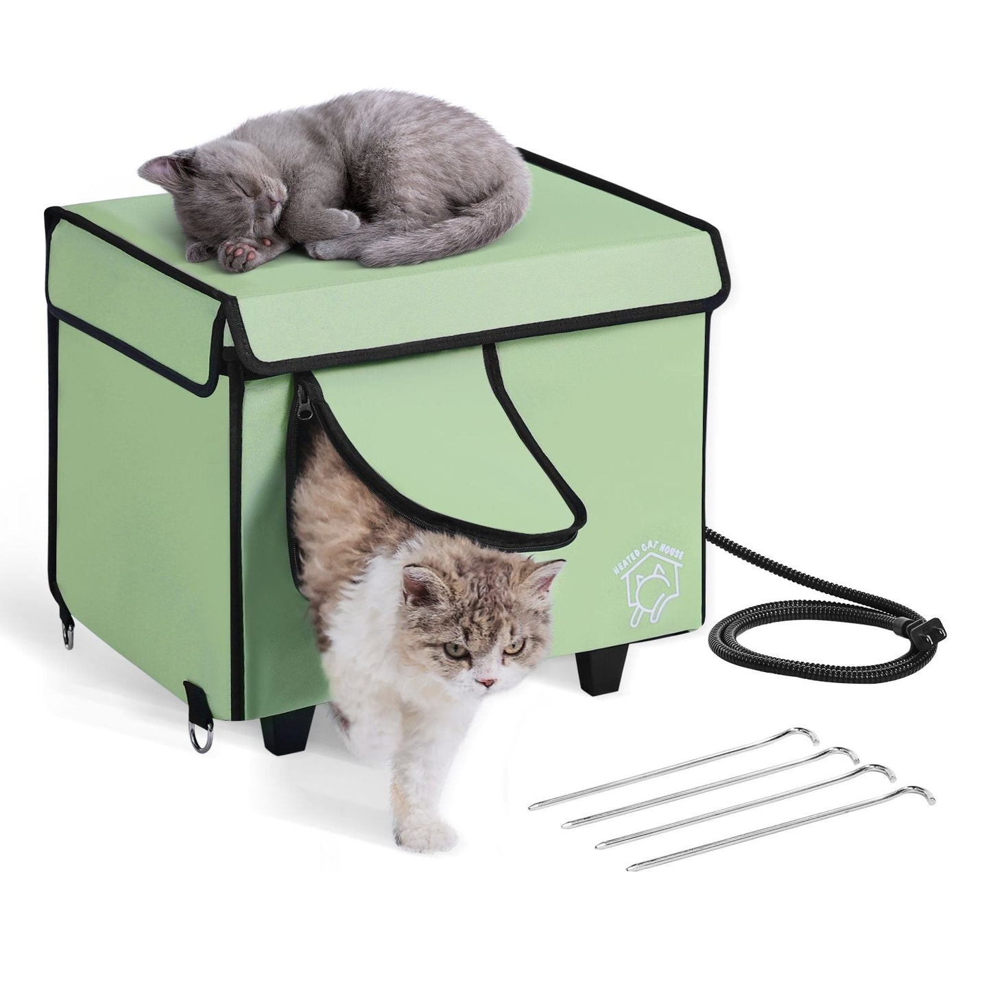 Elevated Heated Cat House, Cuboid Kitty Shelter with Adjustable Temperature and Timer, 900D Oxford Cloth Foldable Cat Shelter with Heated Pad for Winter to Stay Warm and Cozy, Green (Small) - DelightsDownSouth