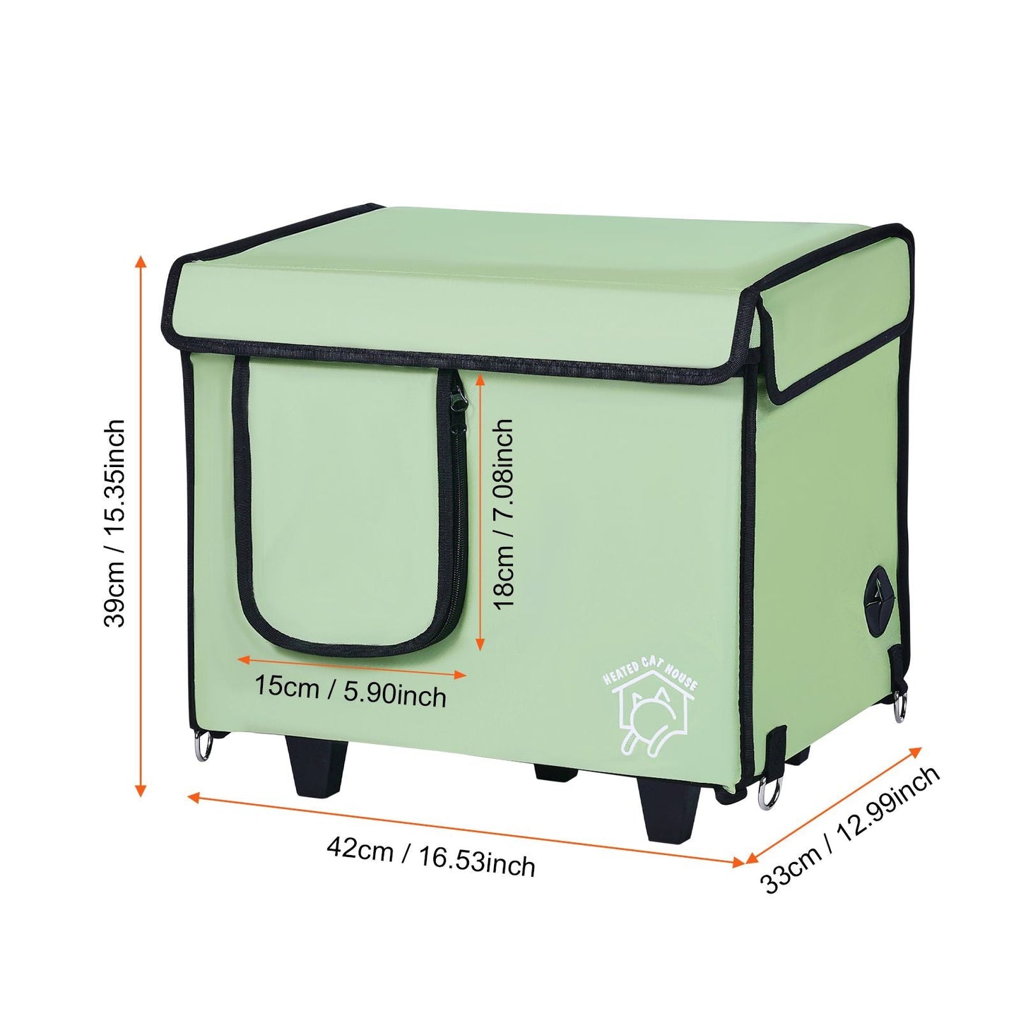 Elevated Heated Cat House, Cuboid Kitty Shelter with Adjustable Temperature and Timer, 900D Oxford Cloth Foldable Cat Shelter with Heated Pad for Winter to Stay Warm and Cozy, Green (Small) - DelightsDownSouth