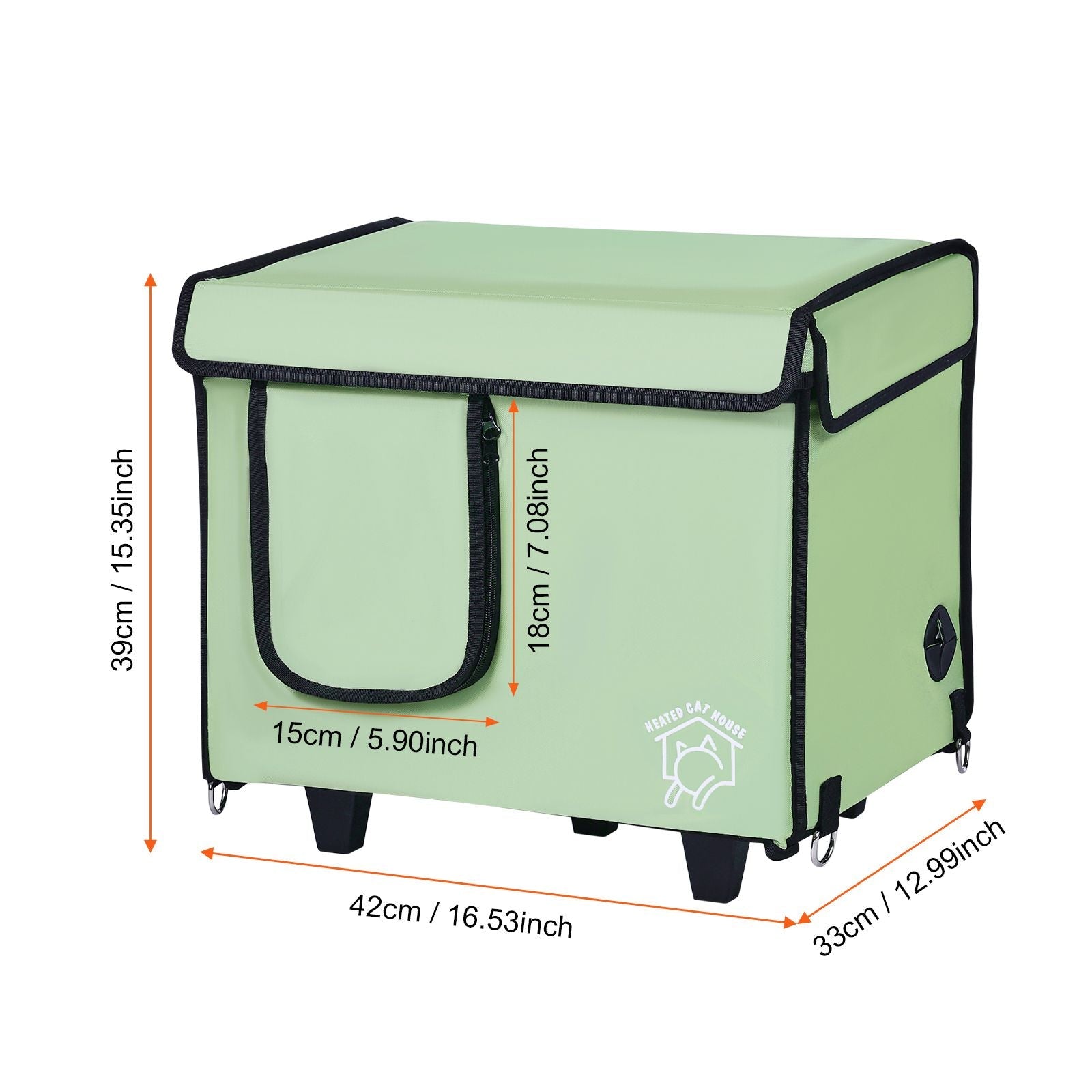 Elevated Heated Cat House, Cuboid Kitty Shelter with Adjustable Temperature and Timer, 900D Oxford Cloth Foldable Cat Shelter with Heated Pad for Winter to Stay Warm and Cozy, Green (Small) - DelightsDownSouth