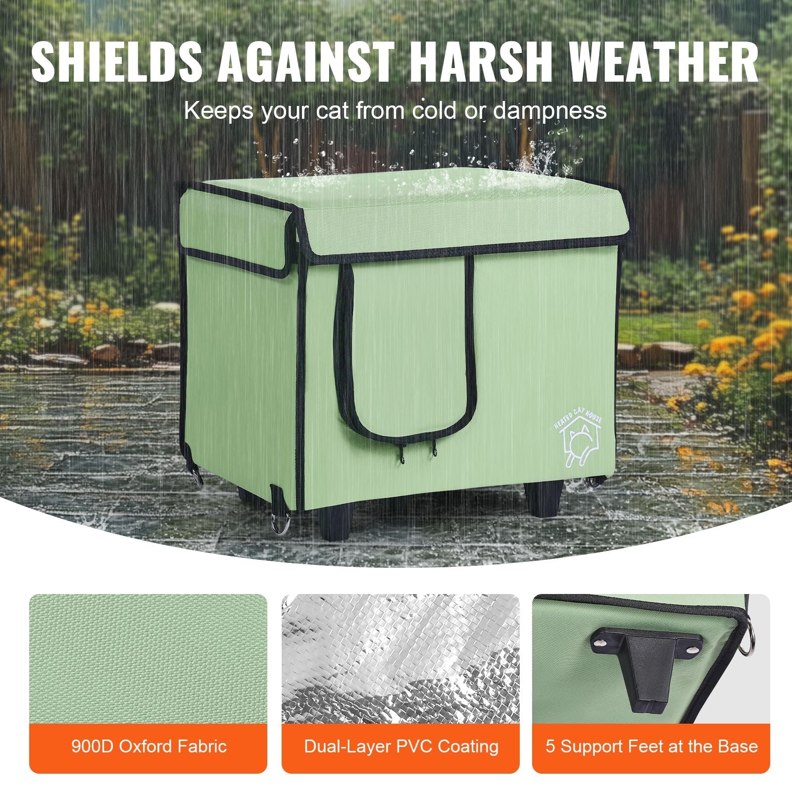 Elevated Heated Cat House, Cuboid Kitty Shelter with Adjustable Temperature and Timer, 900D Oxford Cloth Foldable Cat Shelter with Heated Pad for Winter to Stay Warm and Cozy, Green (Small) - DelightsDownSouth