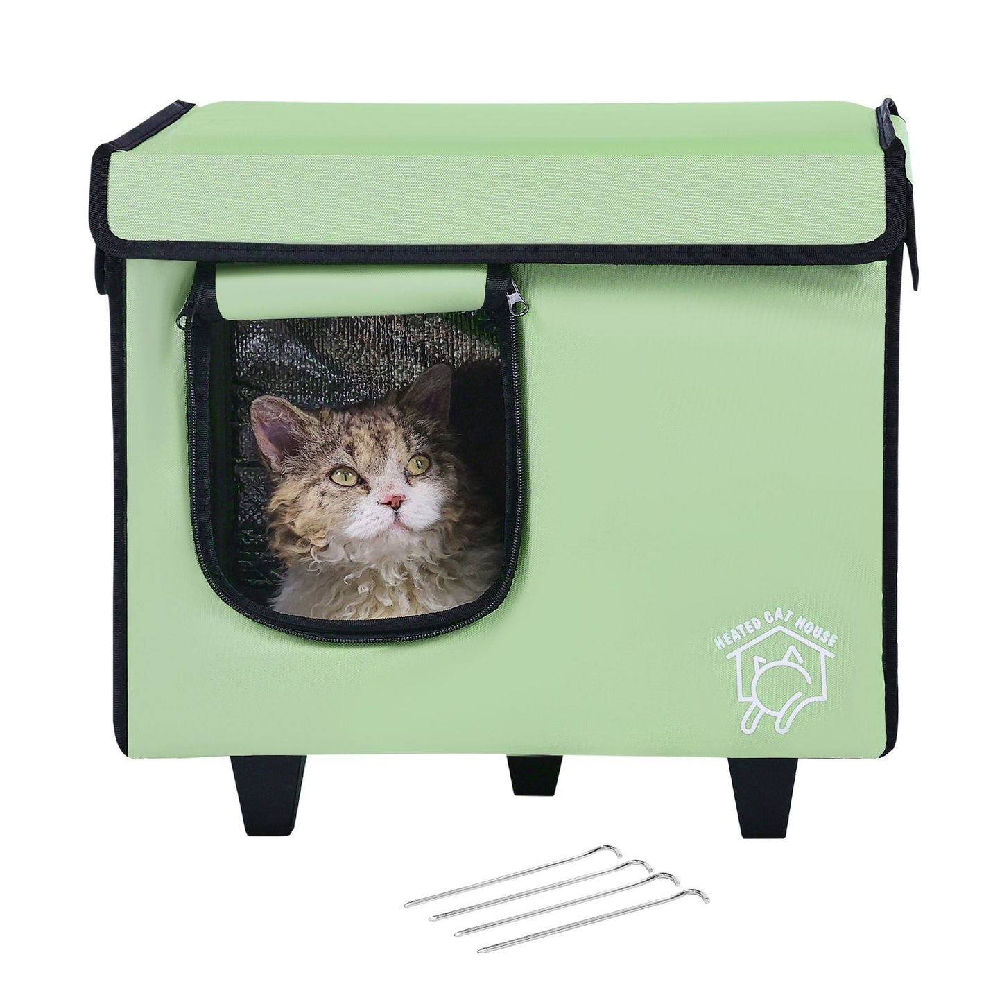 Elevated Heated Cat House, Cuboid Kitty Shelter with Adjustable Temperature and Timer, 900D Oxford Cloth Foldable Cat Shelter with Heated Pad for Winter to Stay Warm and Cozy, Green (Small) - DelightsDownSouth