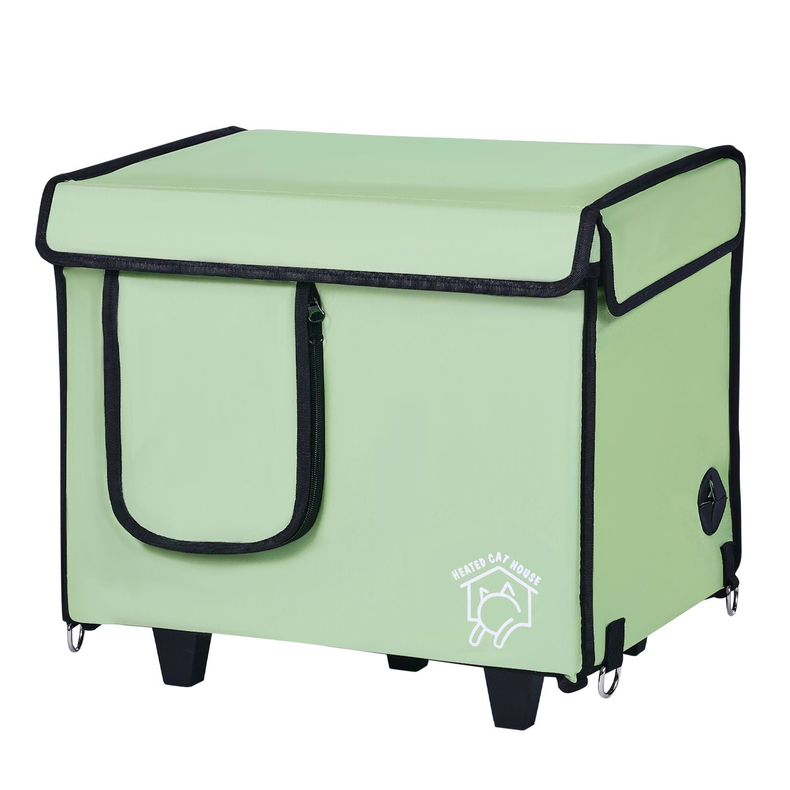 Elevated Heated Cat House, Cuboid Kitty Shelter with Adjustable Temperature and Timer, 900D Oxford Cloth Foldable Cat Shelter with Heated Pad for Winter to Stay Warm and Cozy, Green (Small) - DelightsDownSouth