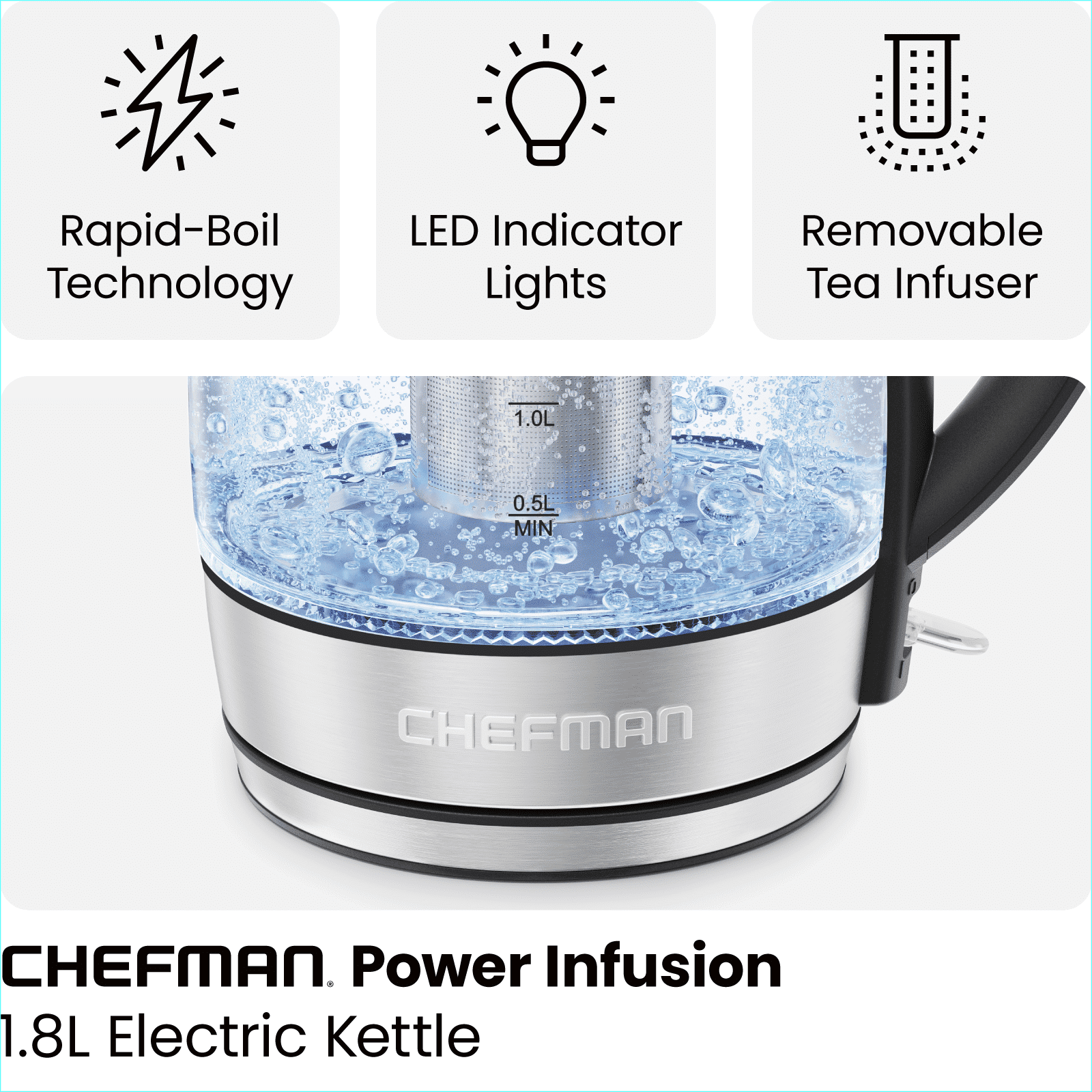 Fast Boiling 1.8L Electric Glass Kettle, Removable Tea Infuser, LED Lights, Stainless Steel - DelightsDownSouth
