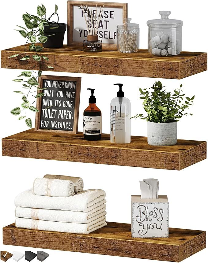 Floating Shelves for Wall Bathroom Shelf Bedroom Kitchen Living Room Hanging Book Shelves Small Farmhouse Decor 16 inch Set of 3, Rustic Brown - DelightsDownSouth