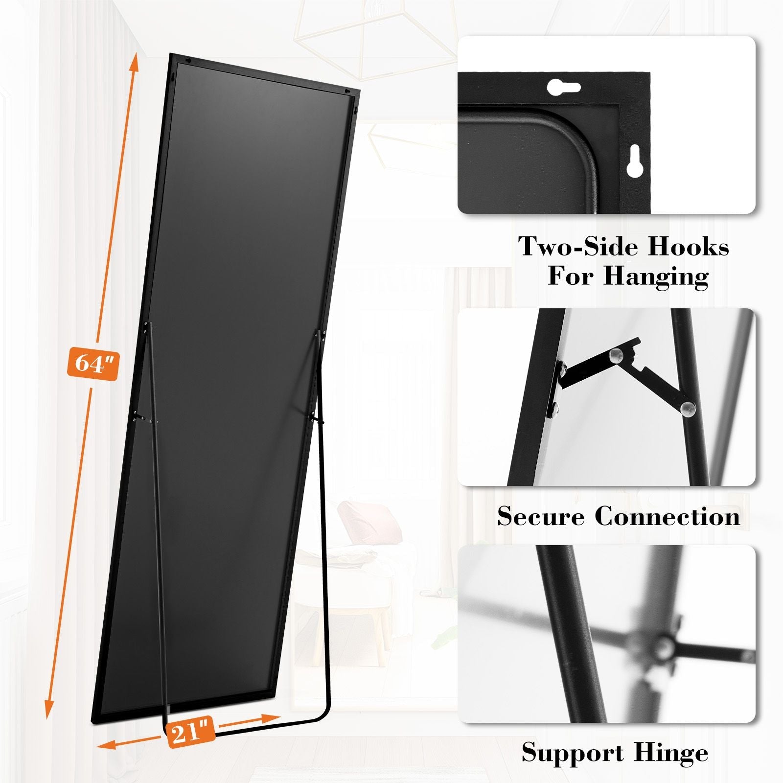Floor Standing Mirror, Wall Mirror with Stand Aluminum Alloy Thin Frame,21''*64'',Black - rect - DelightsDownSouth