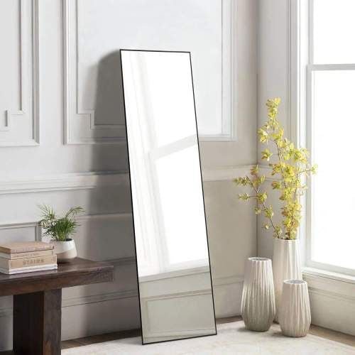 Floor Standing Mirror, Wall Mirror with Stand Aluminum Alloy Thin Frame,21''*64'',Black - rect - DelightsDownSouth