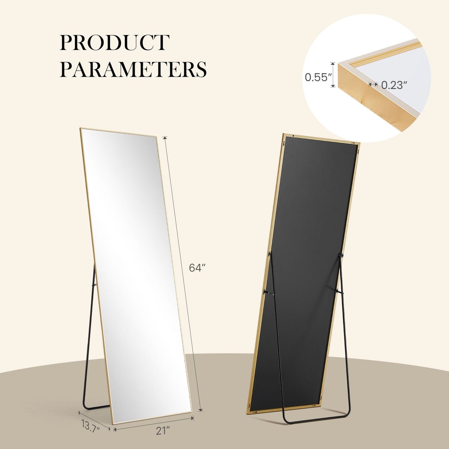 Floor Standing Mirror, Wall Mirror with Stand Aluminum Alloy Thin Frame,21''*64'',Black - rect - DelightsDownSouth