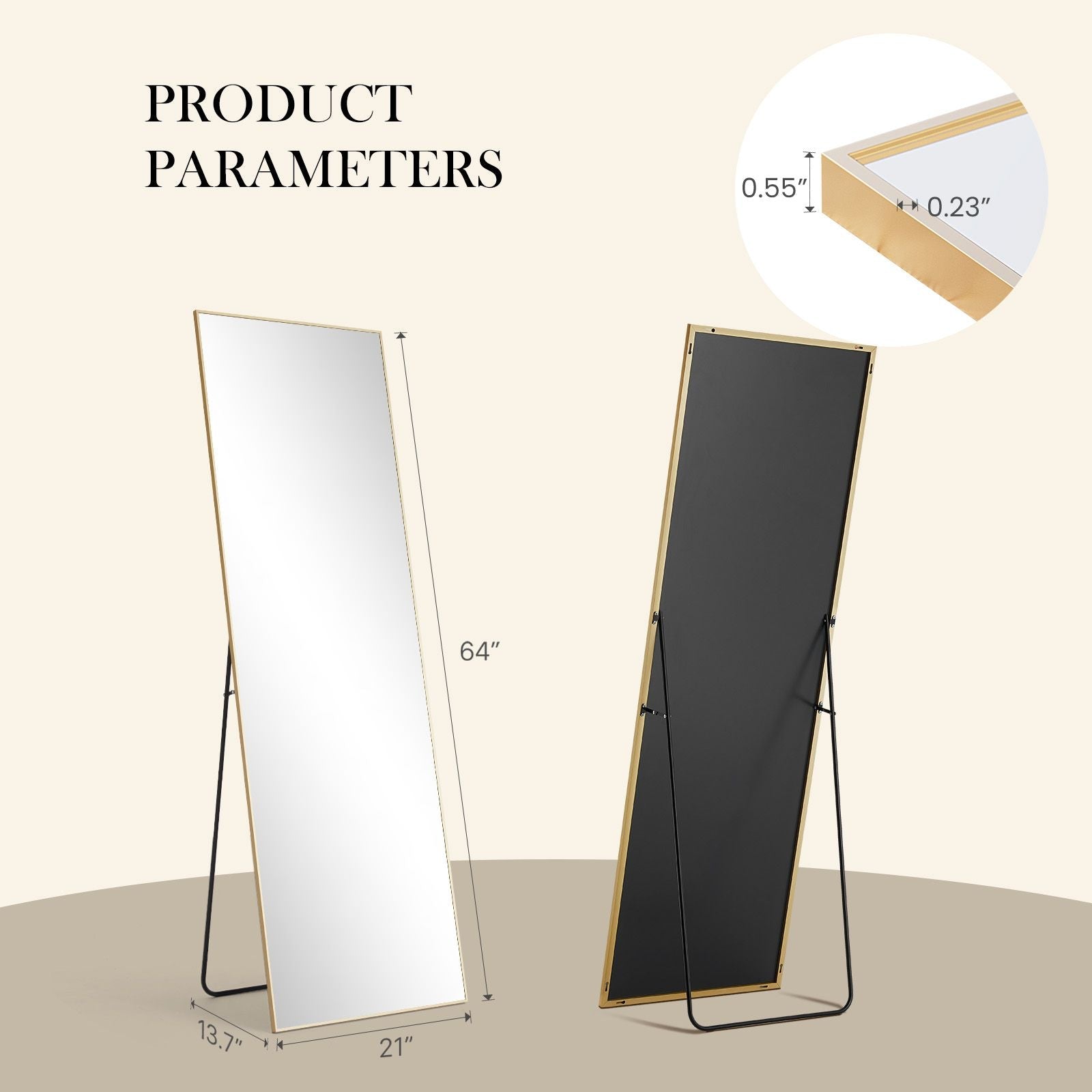 Floor Standing Mirror, Wall Mirror with Stand Aluminum Alloy Thin Frame,21''*64'',Black - rect - DelightsDownSouth
