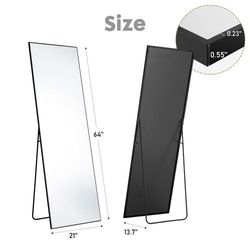 Floor Standing Mirror, Wall Mirror with Stand Aluminum Alloy Thin Frame,21''*64'',Black - rect - DelightsDownSouth