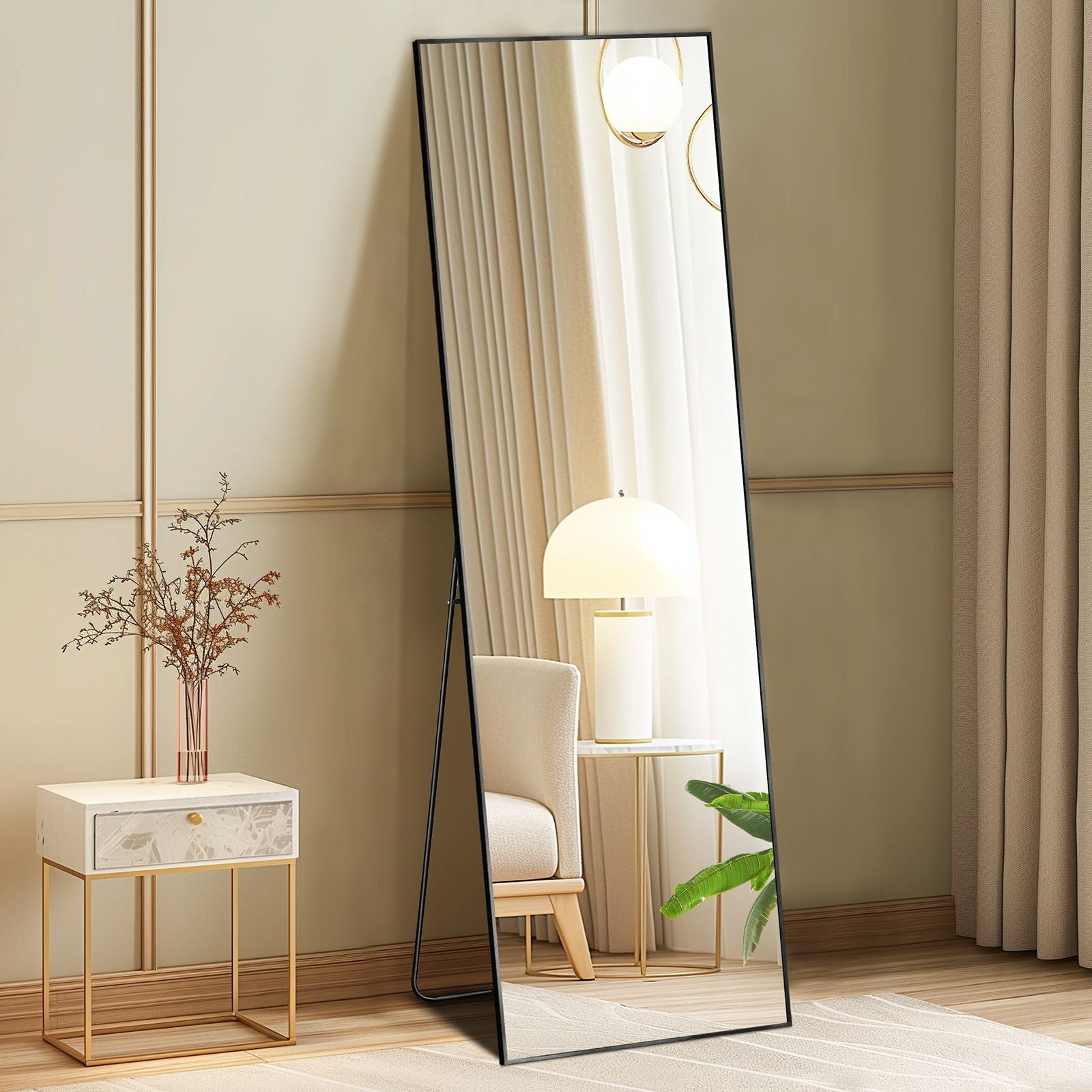 Floor Standing Mirror, Wall Mirror with Stand Aluminum Alloy Thin Frame,21''*64'',Black - rect - DelightsDownSouth