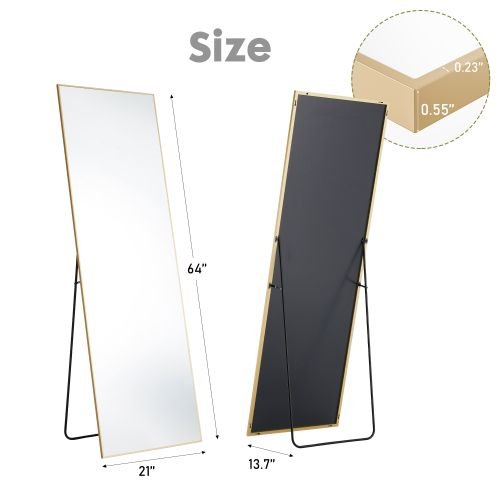 Floor Standing Mirror, Wall Mirror with Stand Aluminum Alloy Thin Frame,21''*64'',Black - rect - DelightsDownSouth