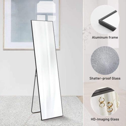Floor Standing Mirror, Wall Mirror with Stand Aluminum Alloy Thin Frame,21''*64'',Black - rect - DelightsDownSouth