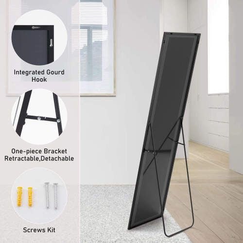 Floor Standing Mirror, Wall Mirror with Stand Aluminum Alloy Thin Frame,21''*64'',Black - rect - DelightsDownSouth