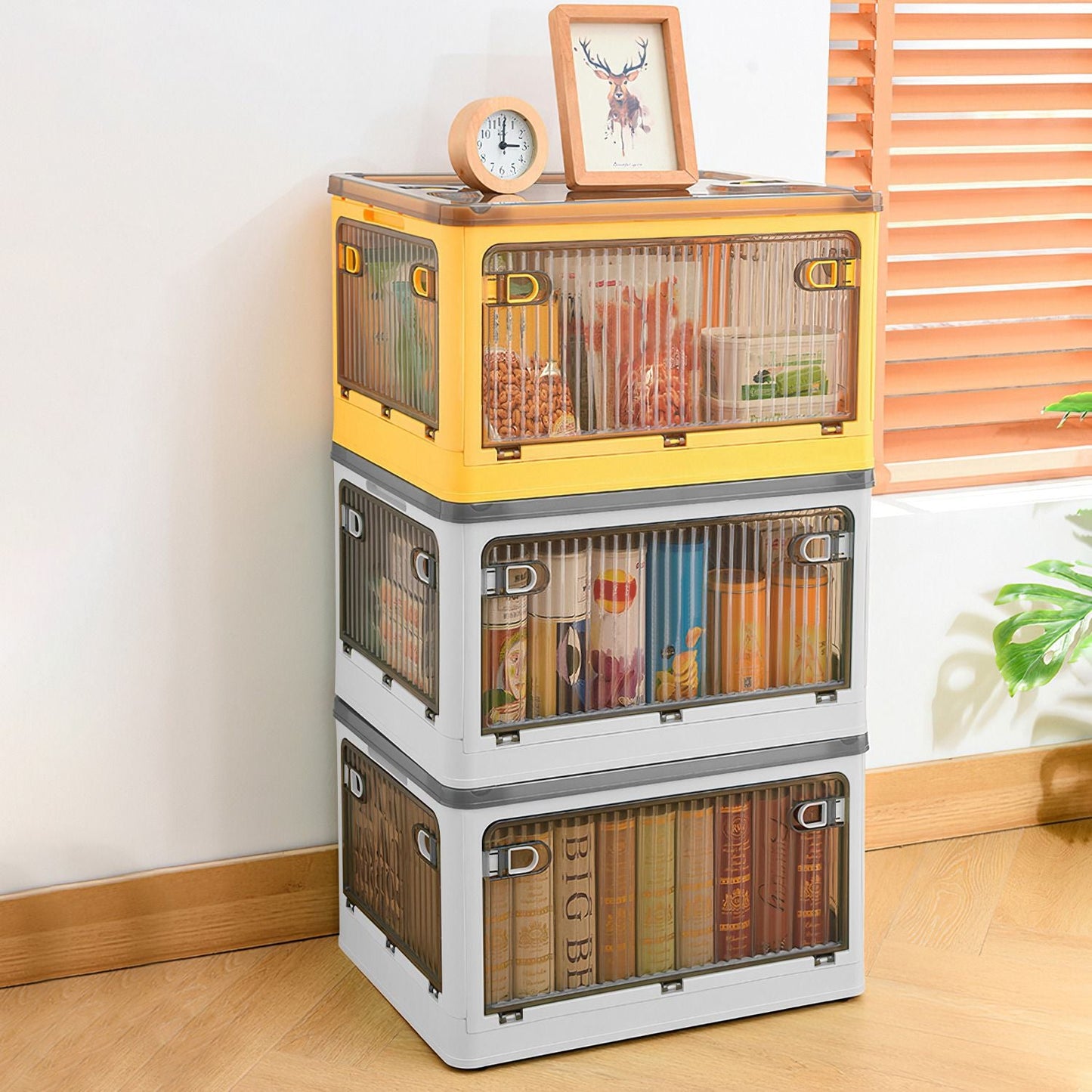 Foldable Storage Bins with Lid 4 Doors Collapsible Stackable Closet Organizer Containers with Lock 4Pcs Wheels - DelightsDownSouth