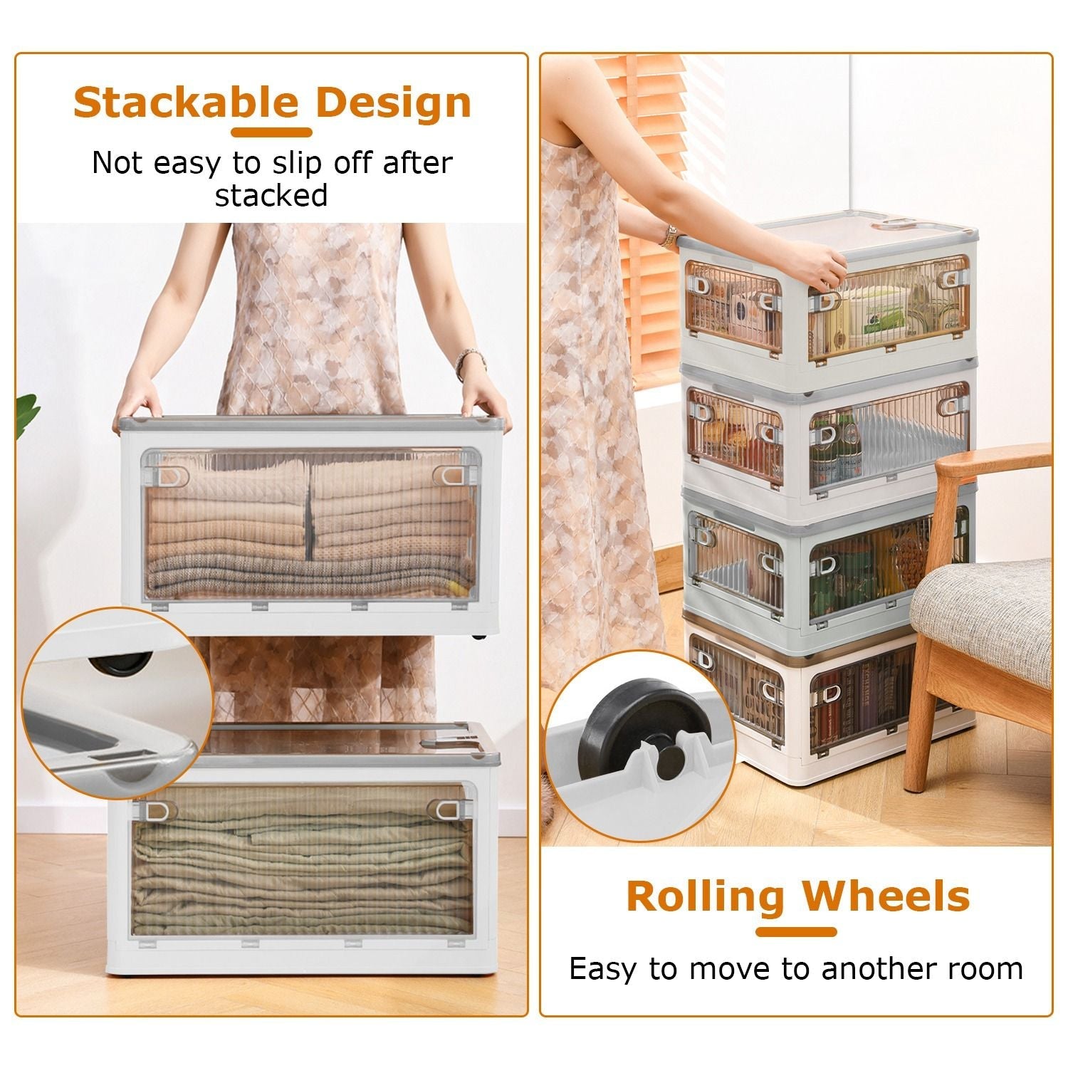 Foldable Storage Bins with Lid 4 Doors Collapsible Stackable Closet Organizer Containers with Lock 4Pcs Wheels - DelightsDownSouth