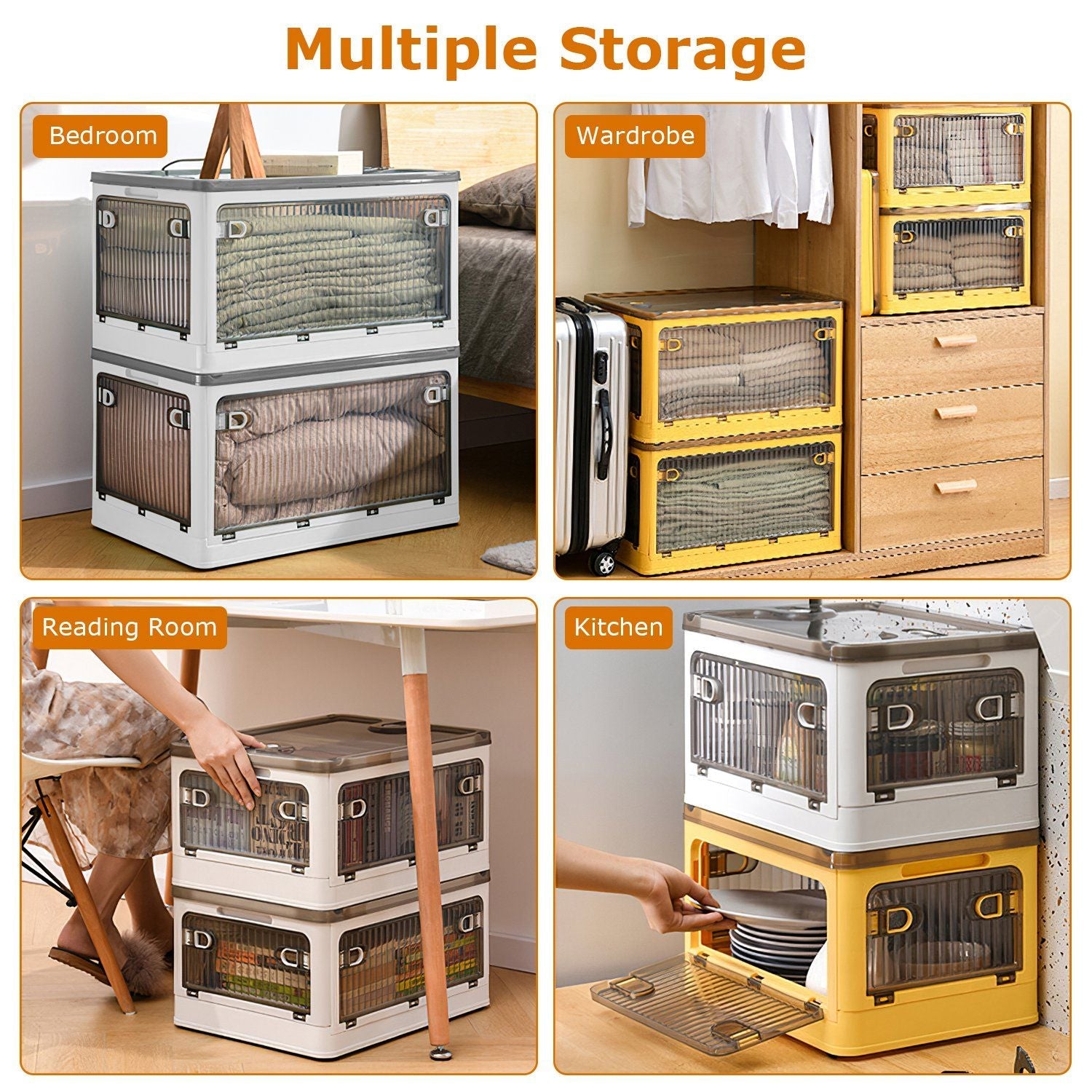 Foldable Storage Bins with Lid 4 Doors Collapsible Stackable Closet Organizer Containers with Lock 4Pcs Wheels - DelightsDownSouth